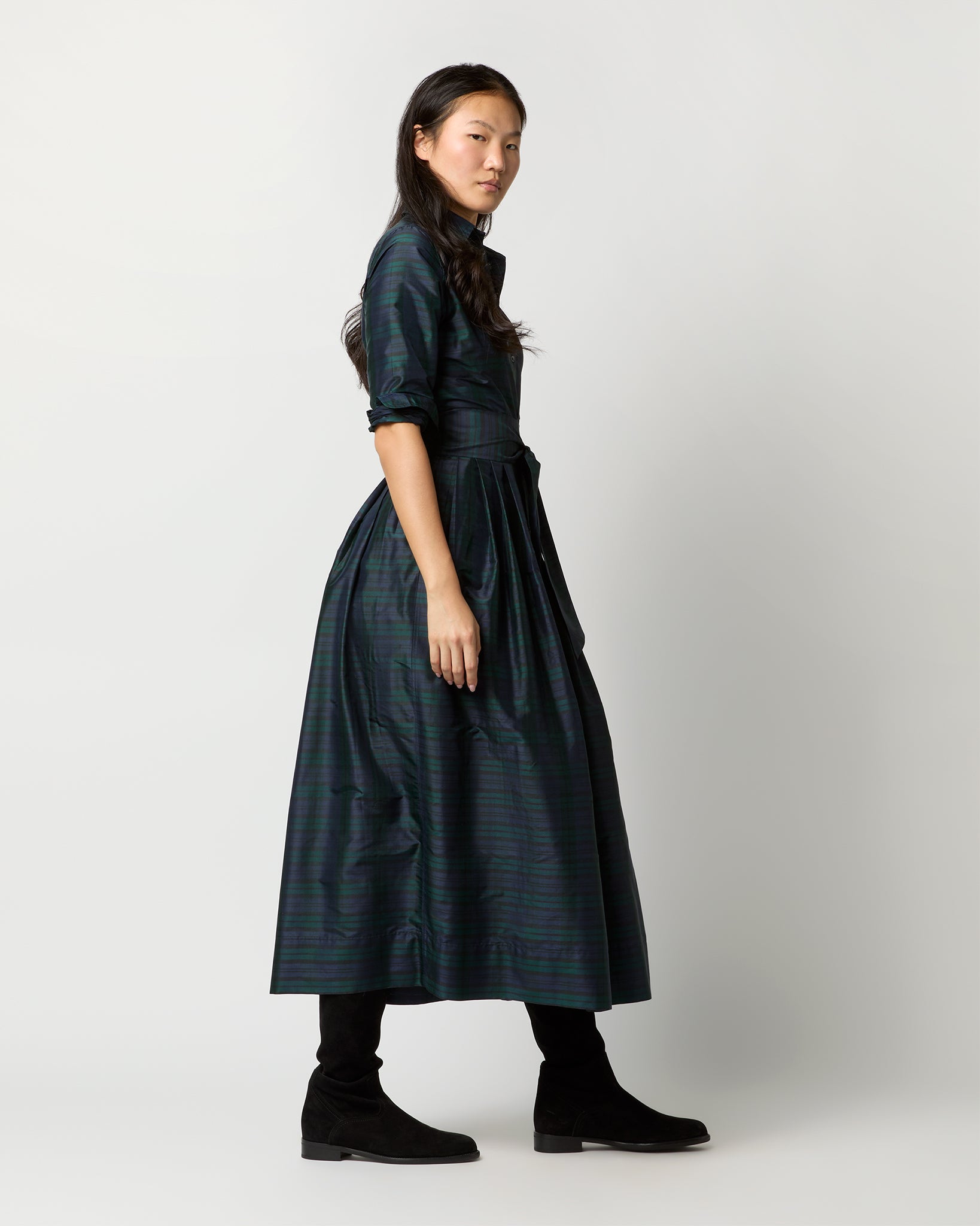 Classic Shirtwaist Maxi Dress in Blackwatch Silk Shantung