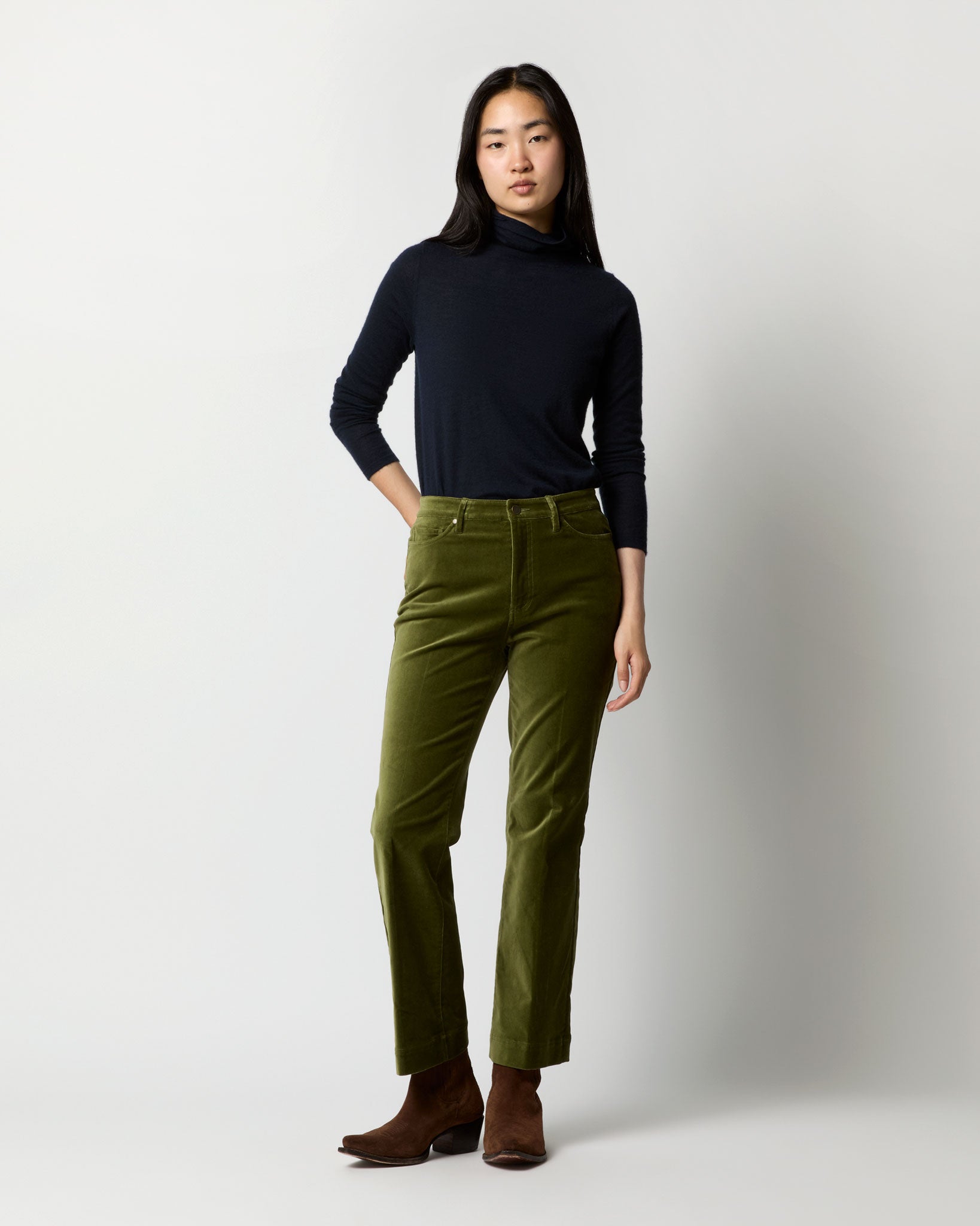 Kendall Flare 5-Pocket Jean in Sage Stretch Velveteen