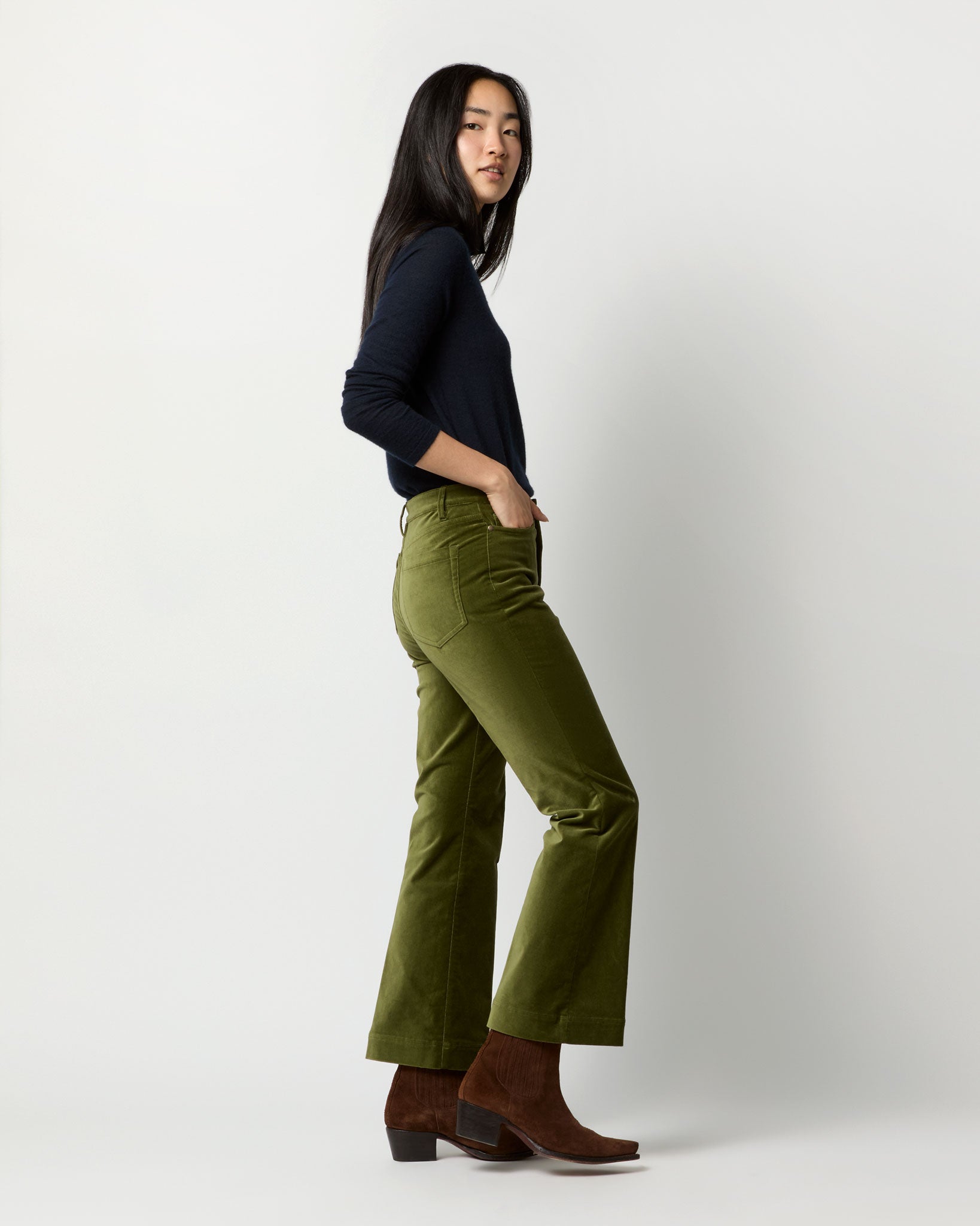 Kendall Flare 5-Pocket Jean in Sage Stretch Velveteen