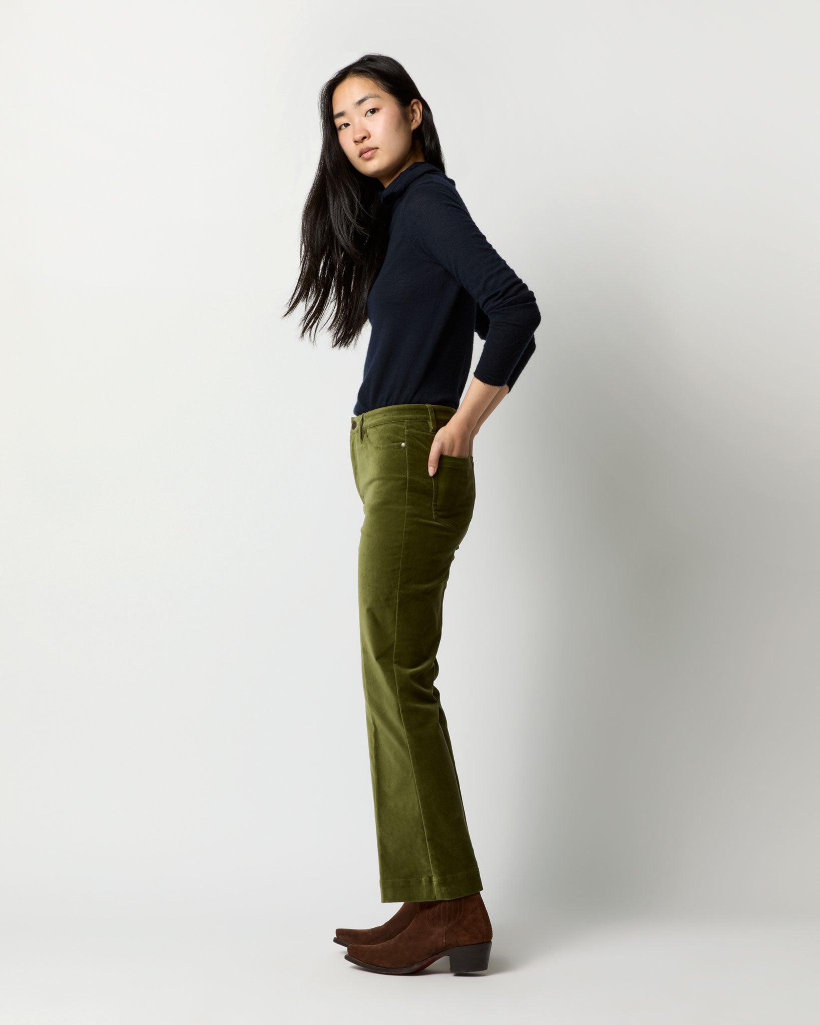 Kendall Flare 5-Pocket Jean in Sage Stretch Velveteen