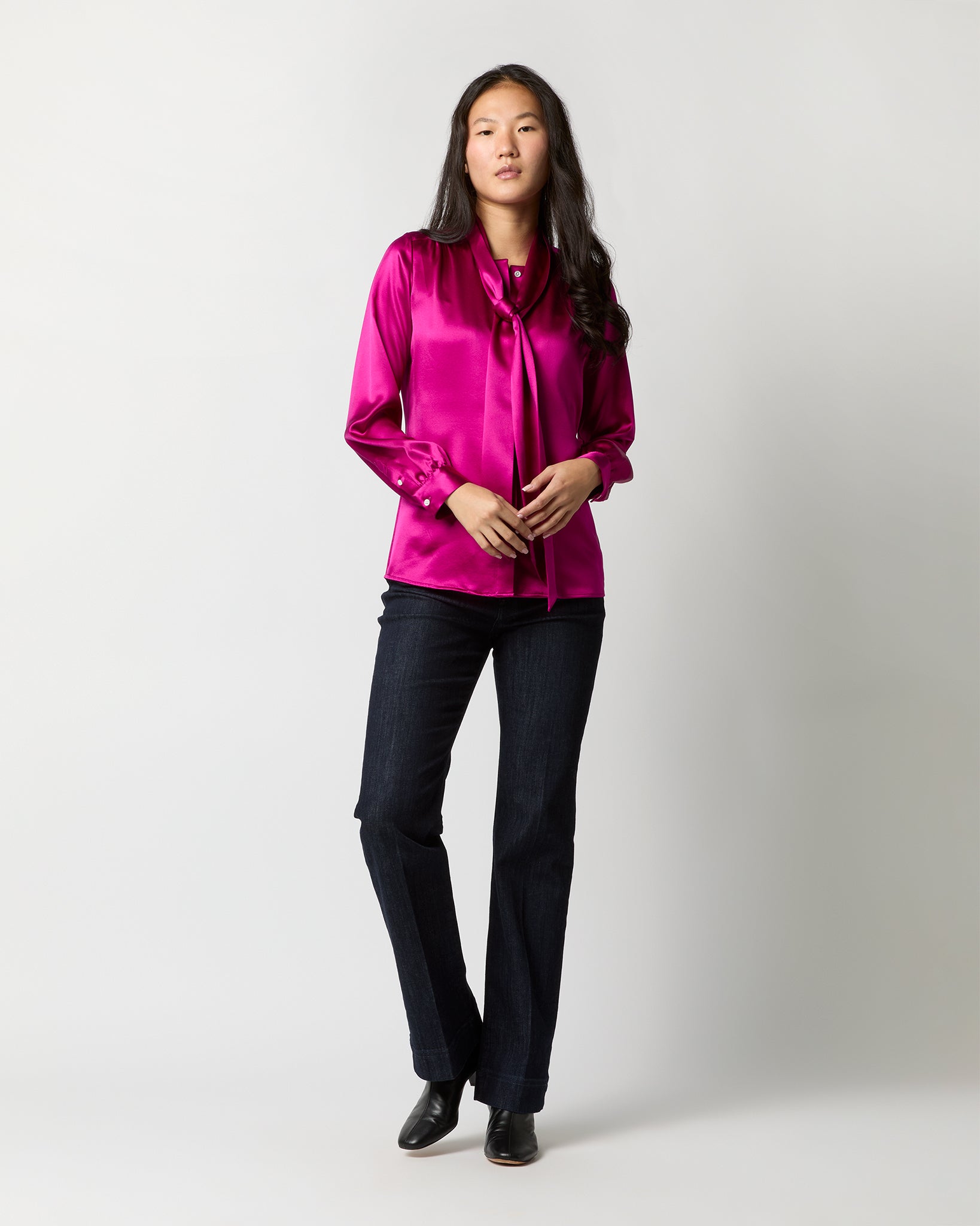 Tie-Neck Blouse in Magenta Silk Charmeuse