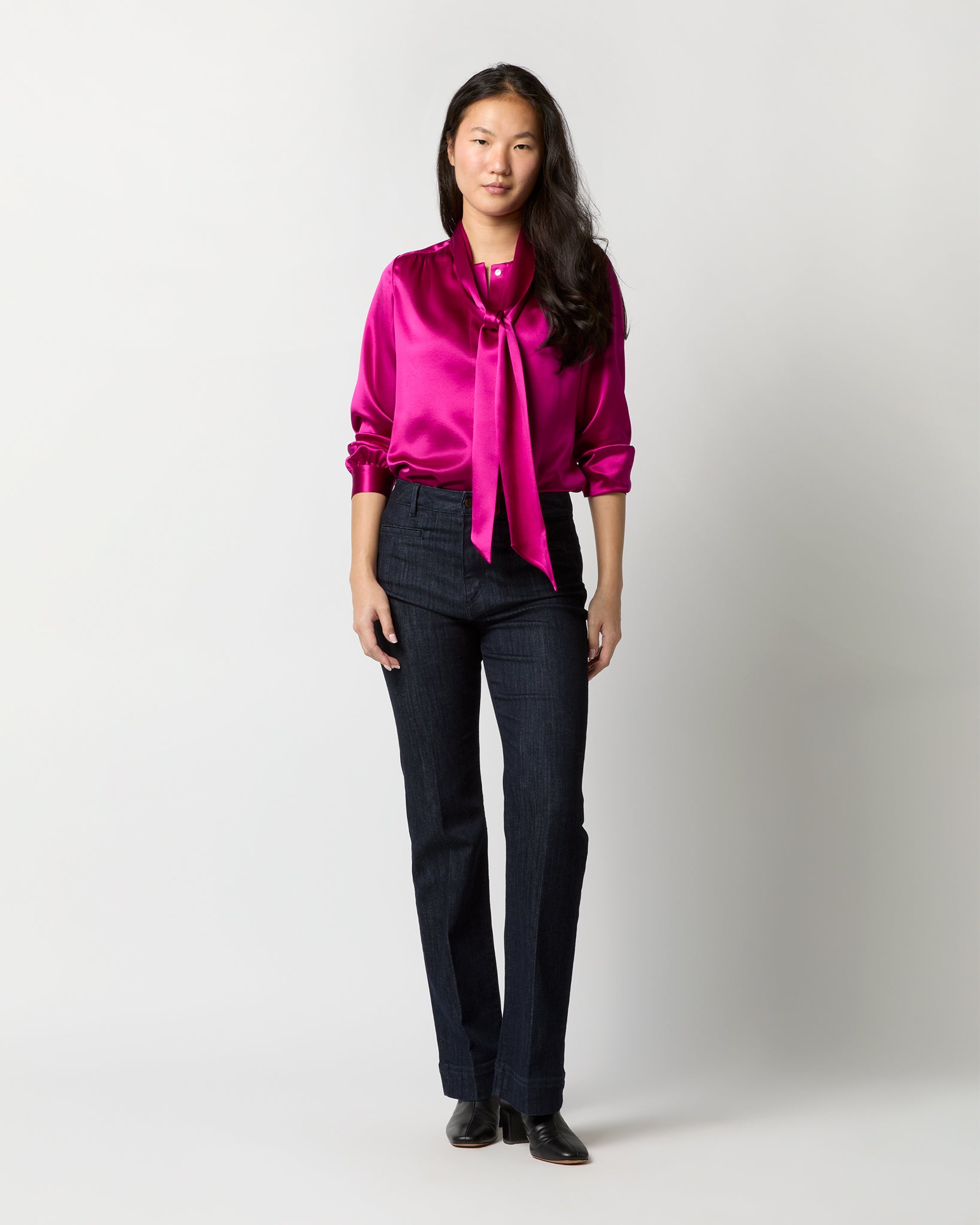 Tie-Neck Blouse in Magenta Silk Charmeuse