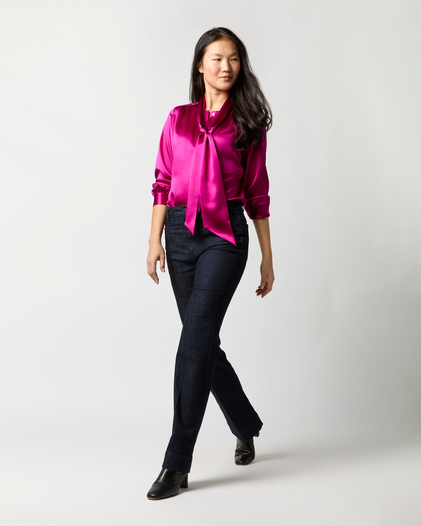 Tie-Neck Blouse in Magenta Silk Charmeuse