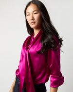 Load image into Gallery viewer, Tie-Neck Blouse in Magenta Silk Charmeuse
