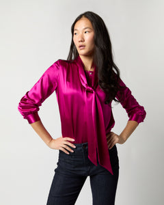 Tie-Neck Blouse in Magenta Silk Charmeuse