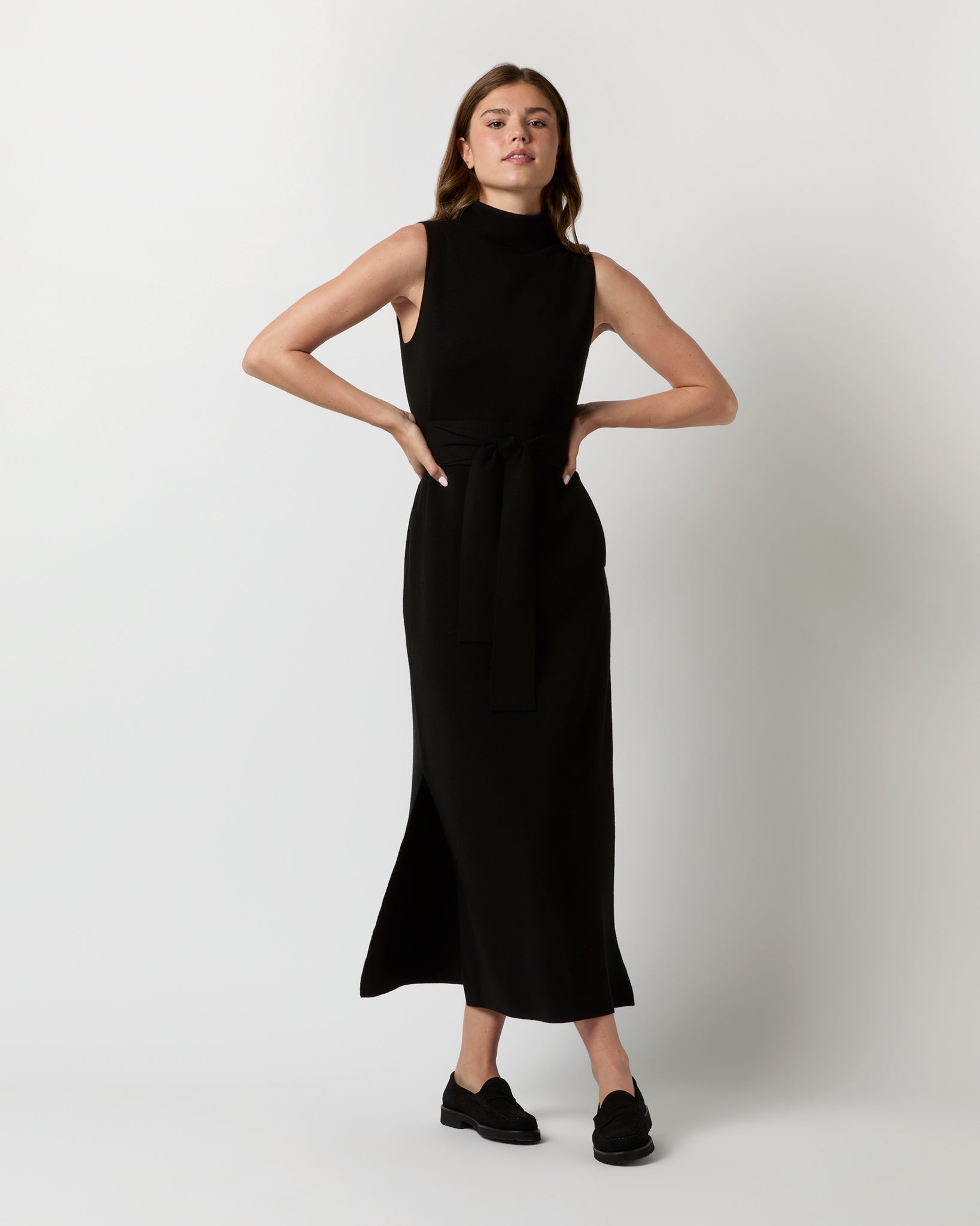 Maya Funnel-Neck Dress in Black Extra Fine Merino Wool