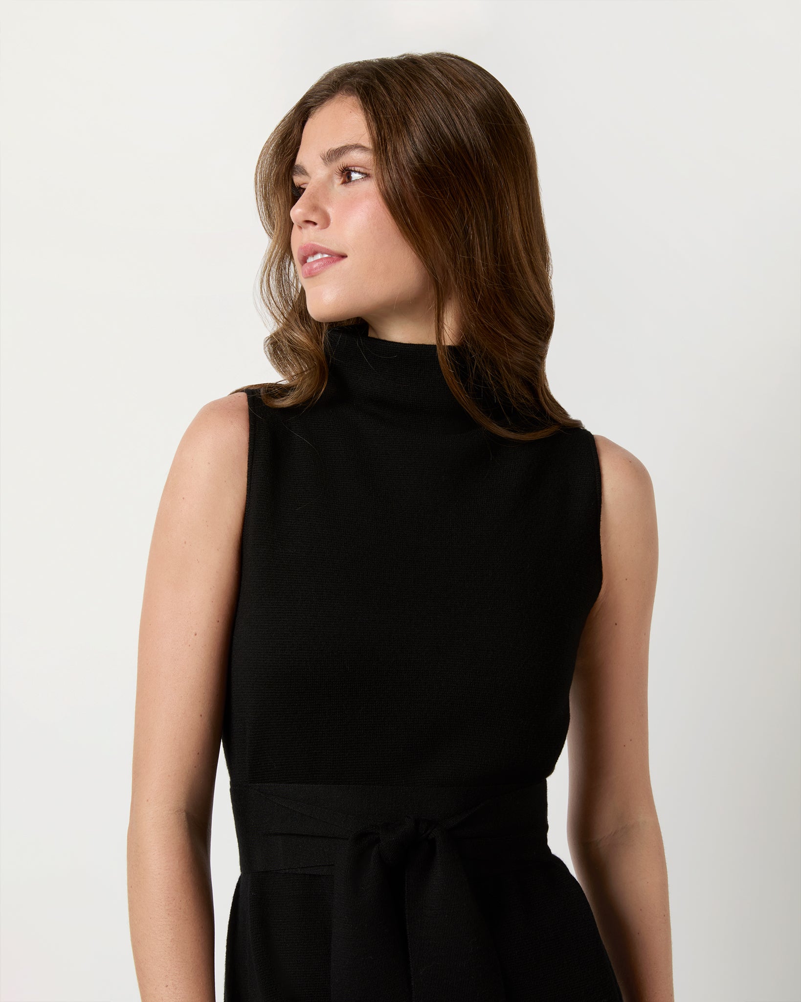 Maya Funnel-Neck Dress in Black Extra Fine Merino Wool