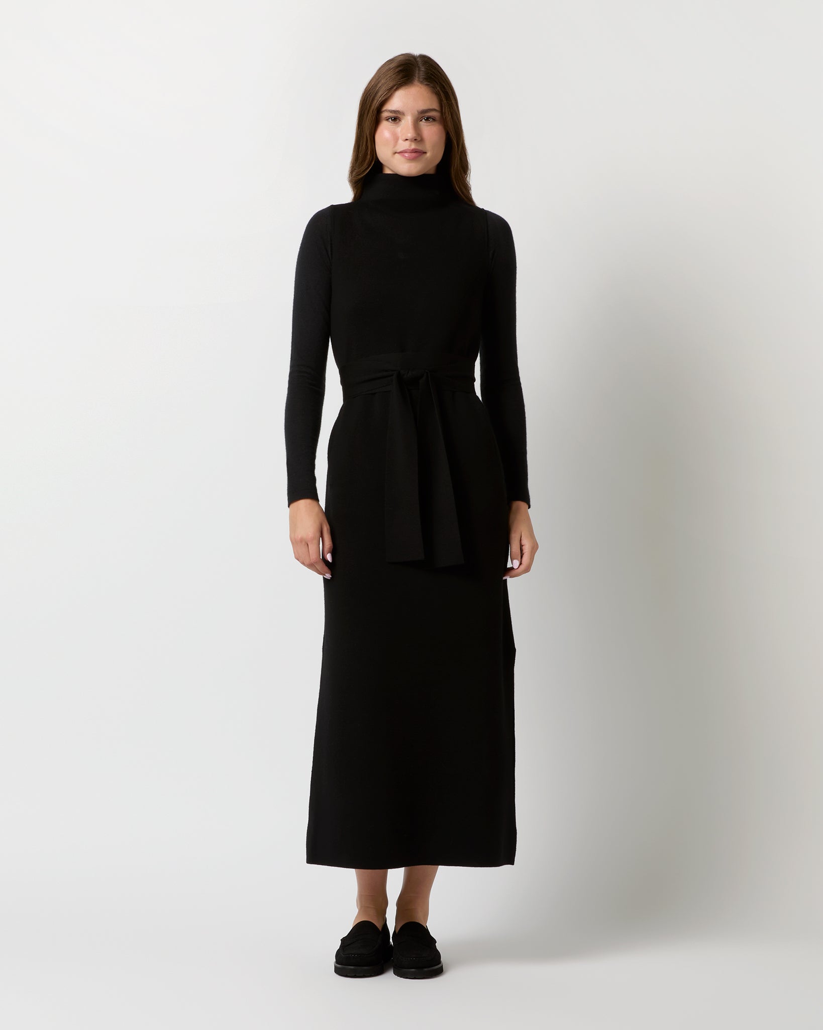 Maya Funnel-Neck Dress in Black Extra Fine Merino Wool