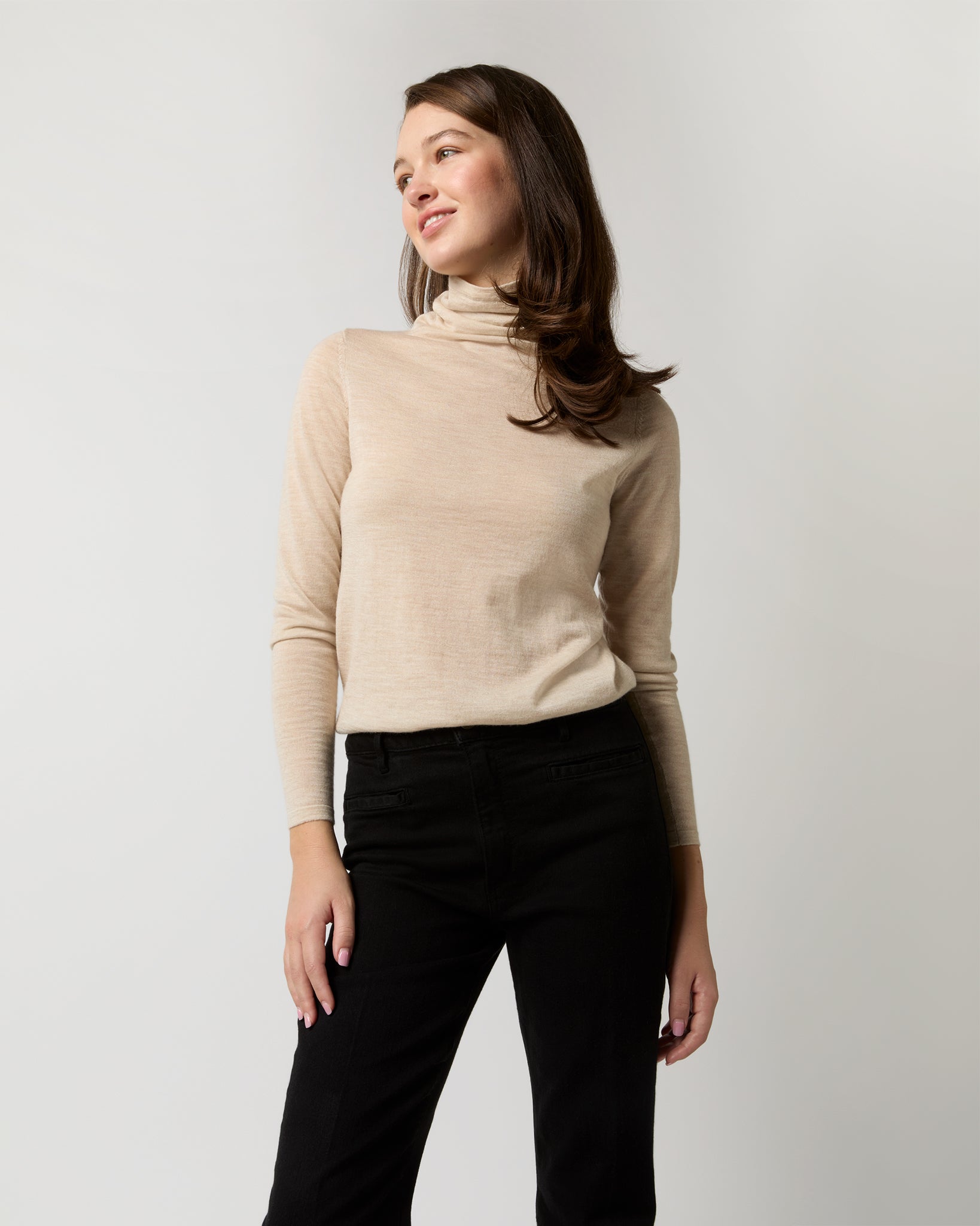 Superfine Funnel-Neck Sweater in Sandstone Cashmere