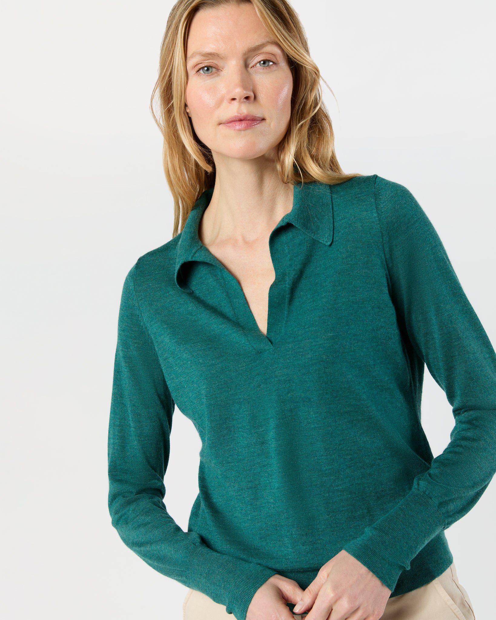 Alida Johnny-Collar Sweater in Highland Green Cashmere