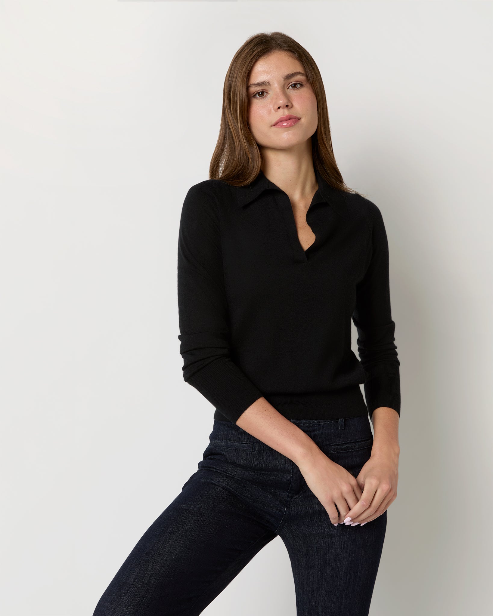 Alida Johnny-Collar Sweater in Black Cashmere