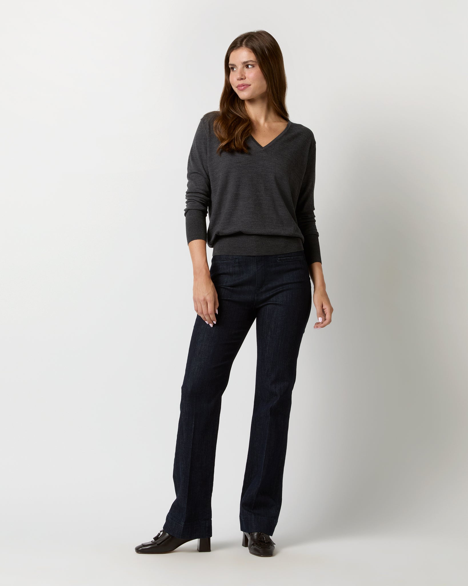 Kate V-Neck Sweater in Heather Charcoal Escorial Wool