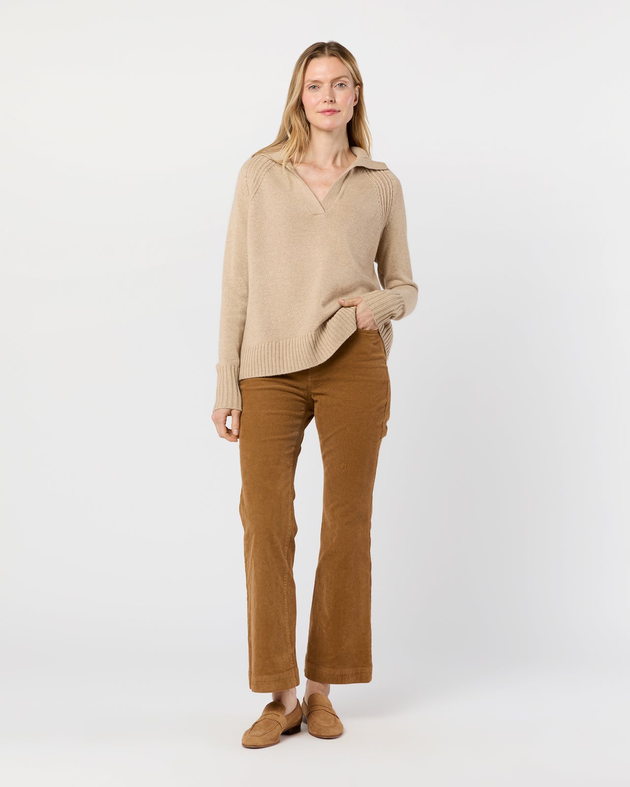 Blaire Johnny-Collar Jersey Sweater in Heather Oat Cashmere