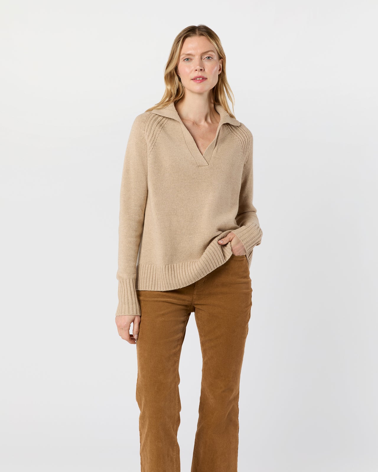 Blaire Johnny-Collar Jersey Sweater in Heather Oat Cashmere