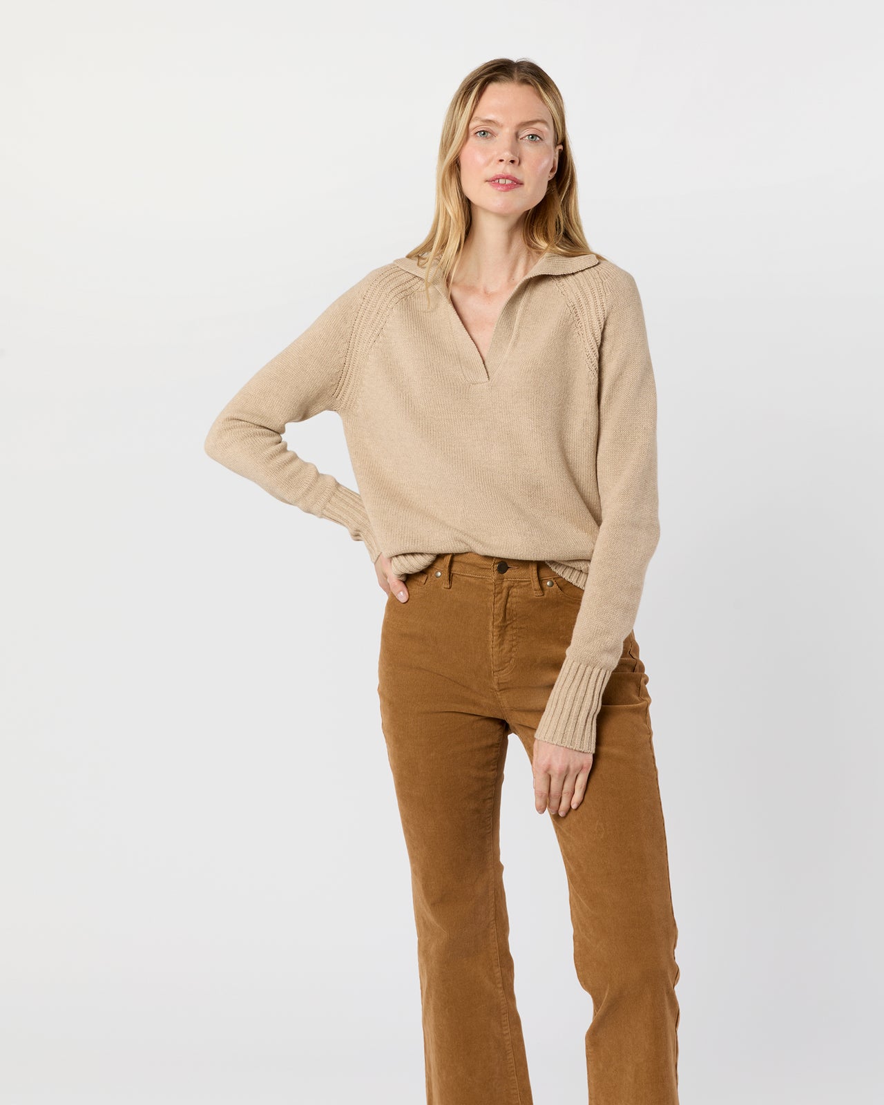 Blaire Johnny-Collar Jersey Sweater in Heather Oat Cashmere