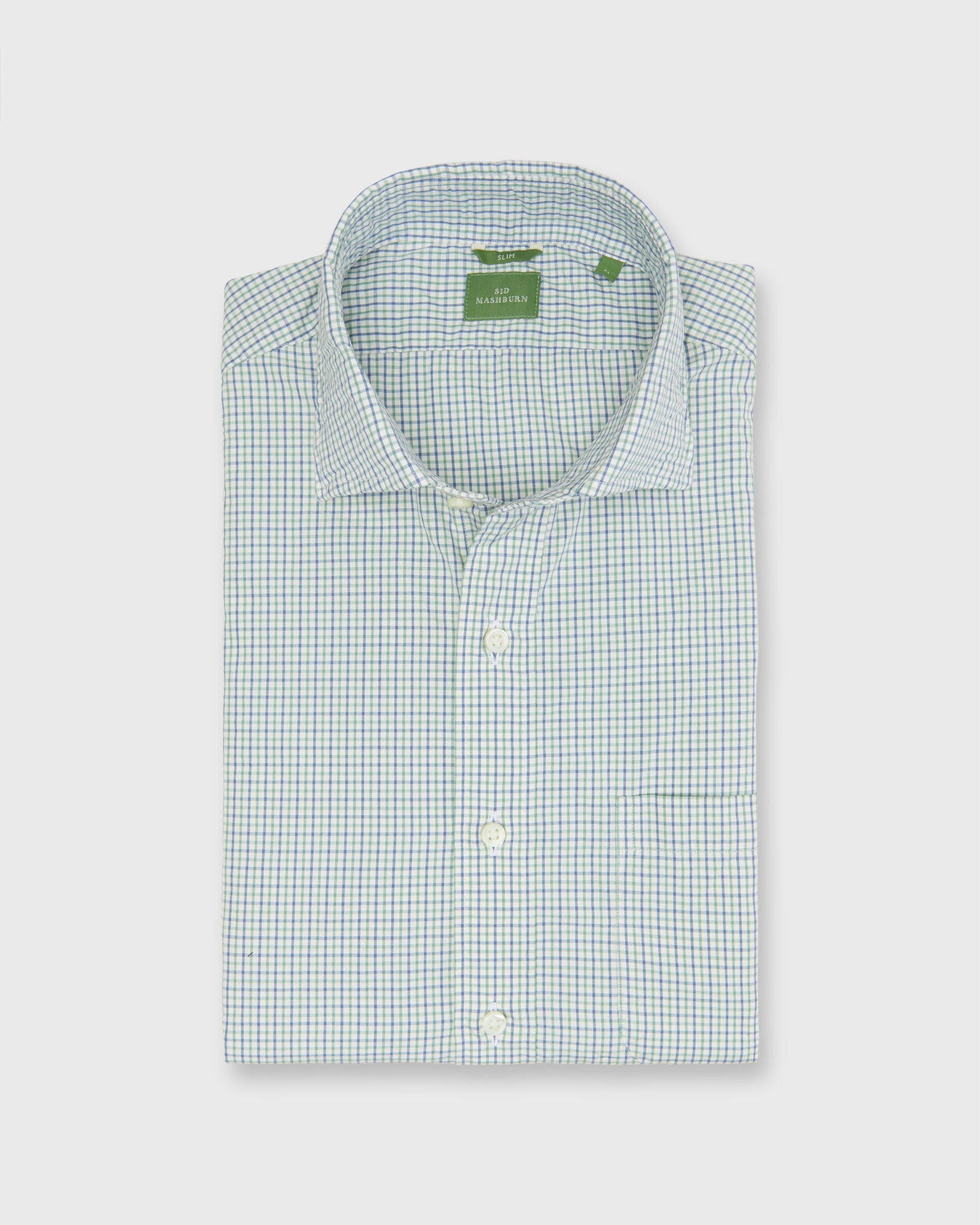 Slim-Fit Spread Collar Sport Shirt in Blue/Sage Tattersall Poplin