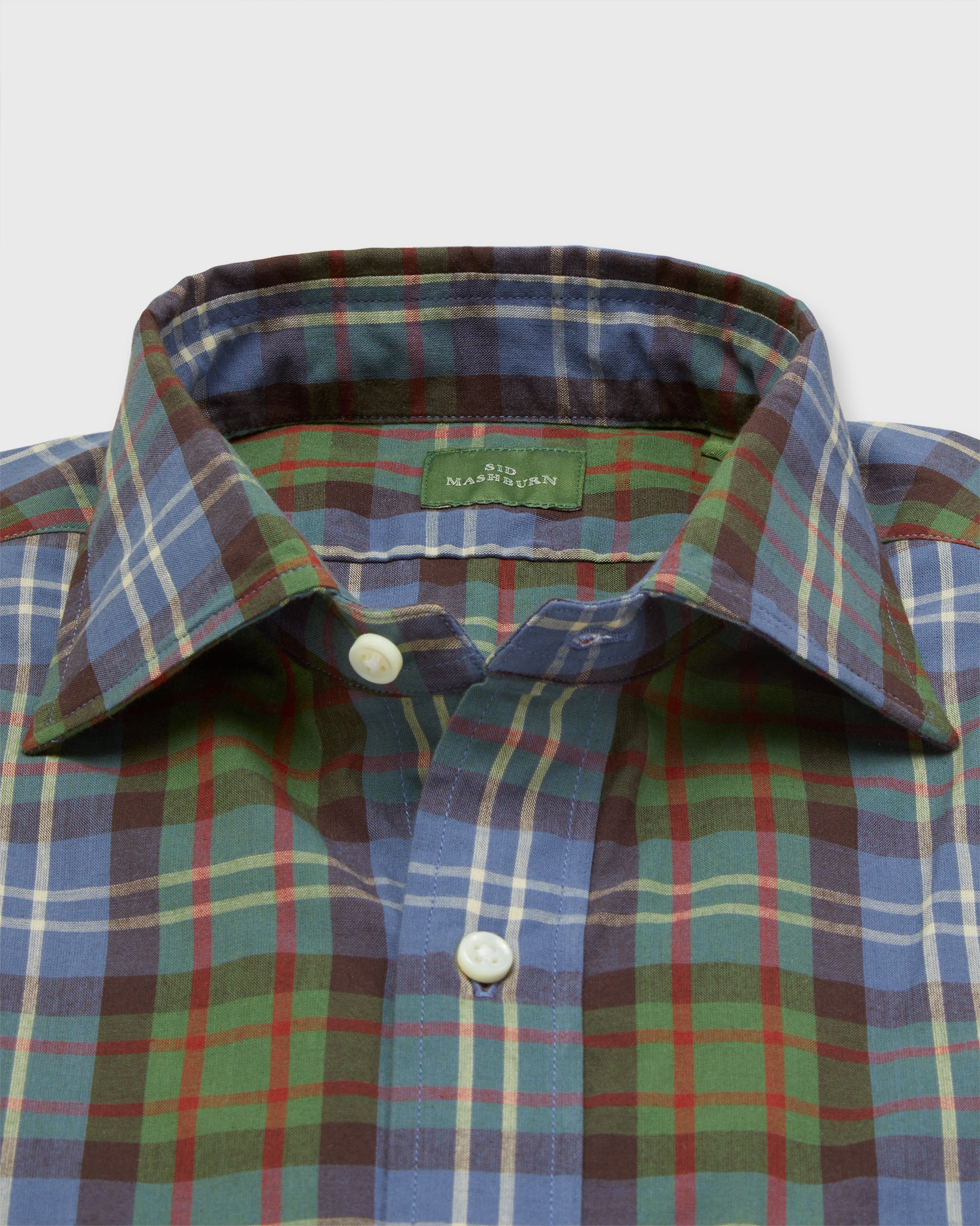 Spread Collar Sport Shirt in Green/Blue/Brown Plaid Madras