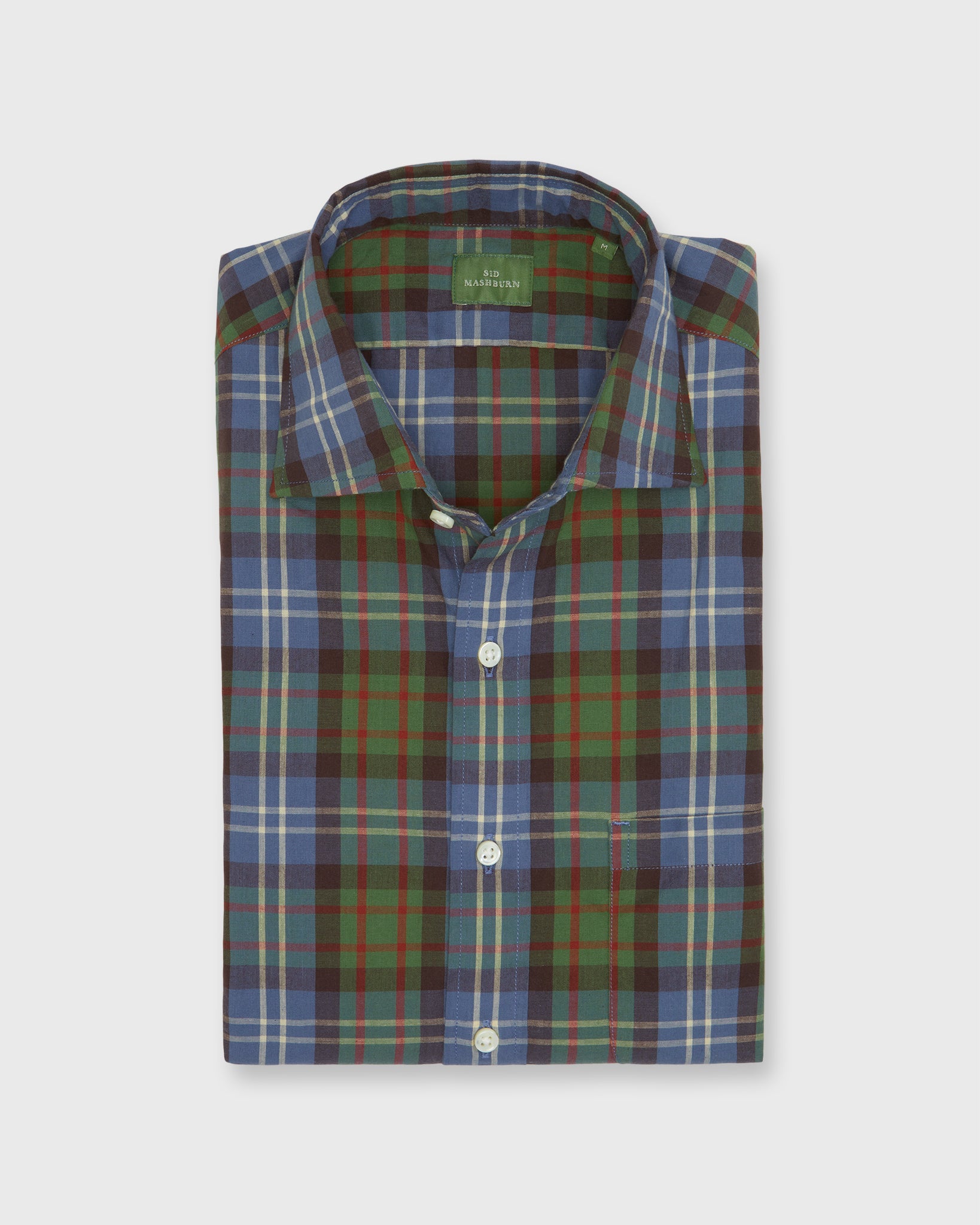 Spread Collar Sport Shirt in Green/Blue/Brown Plaid Madras