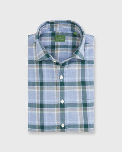 Spread Collar Sport Shirt in Sky/Pine/Stone Plaid Brushed Twill