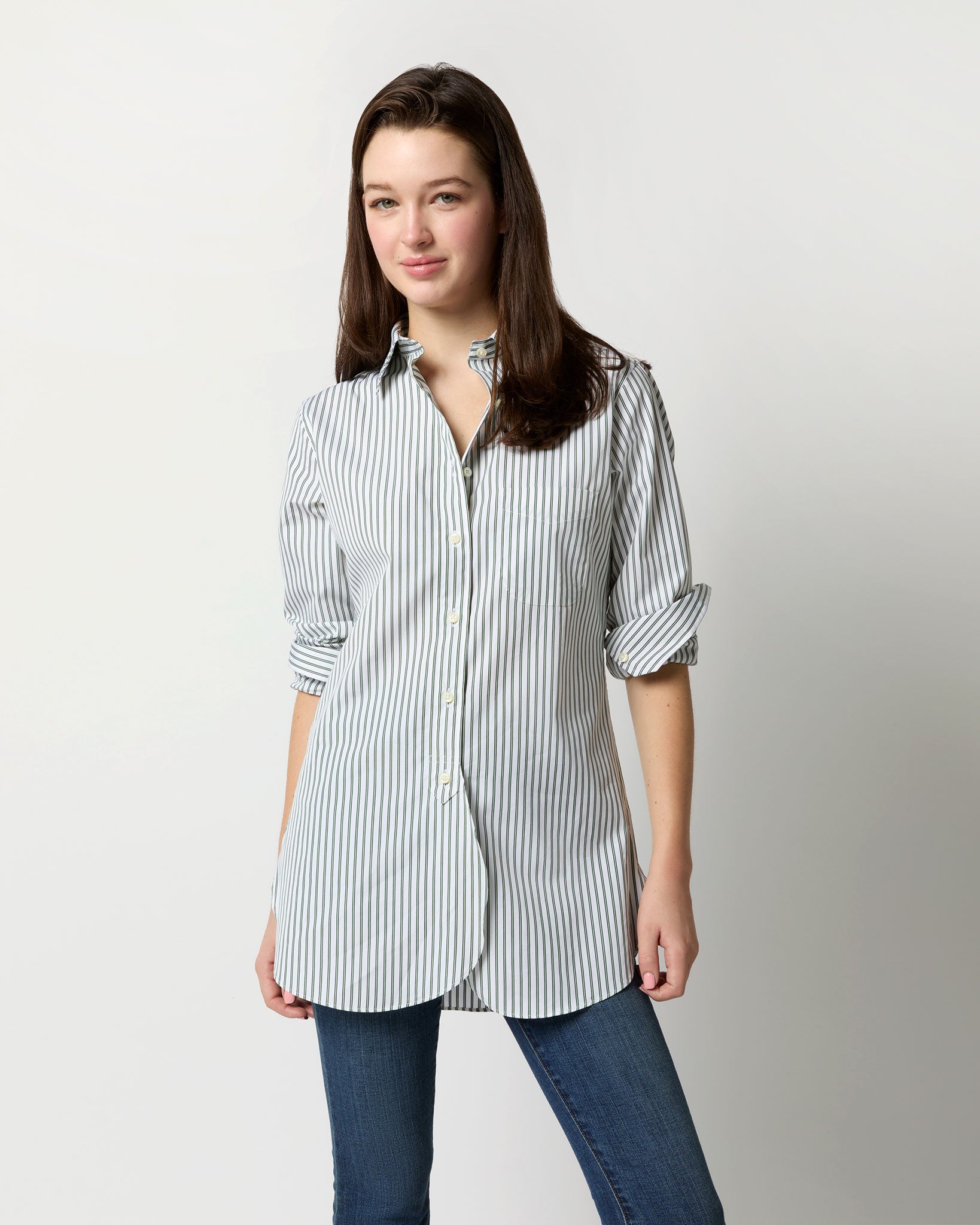 Boyfriend Shirt in White/Green Multi Stripe Poplin