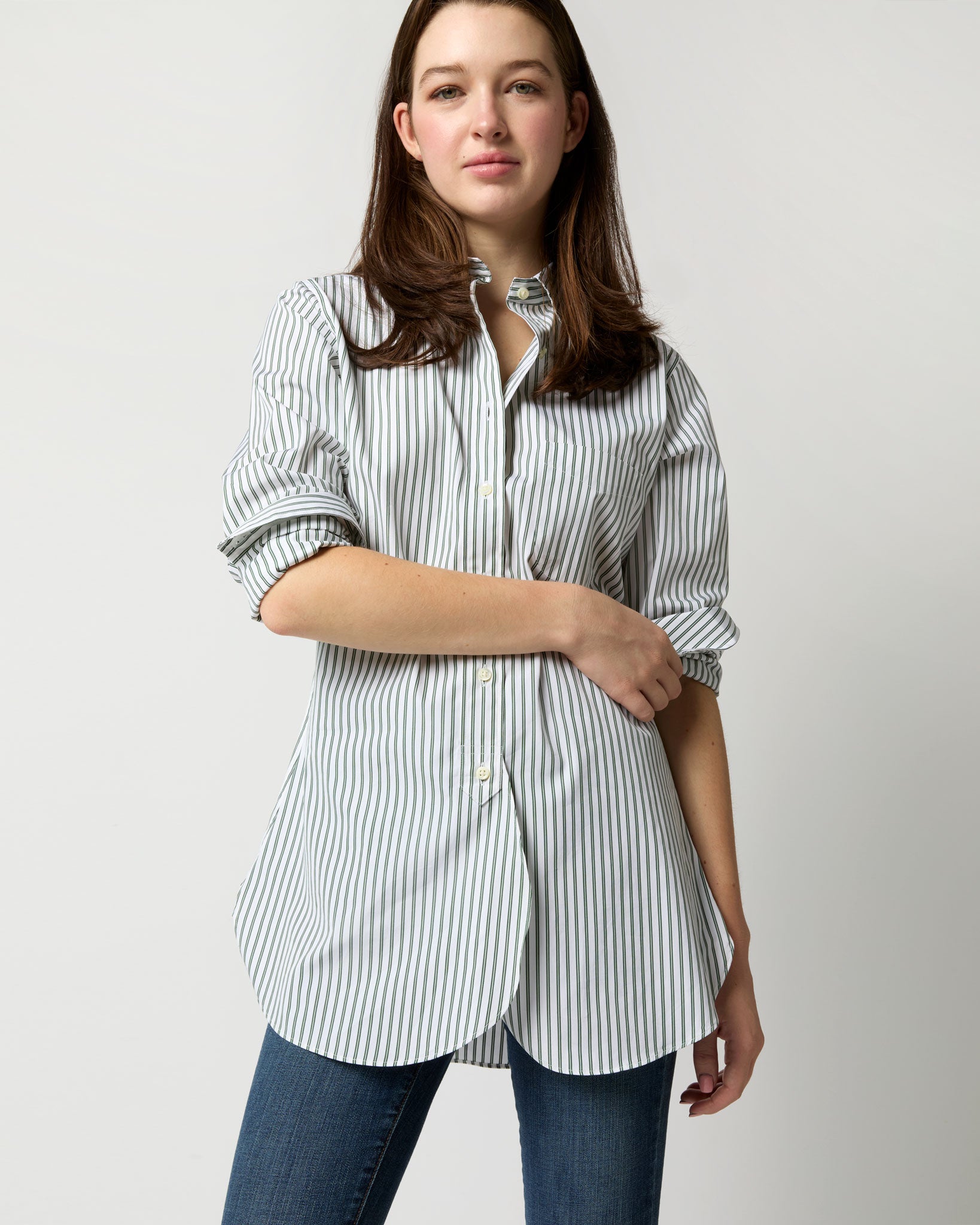 Boyfriend Shirt in White/Green Multi Stripe Poplin