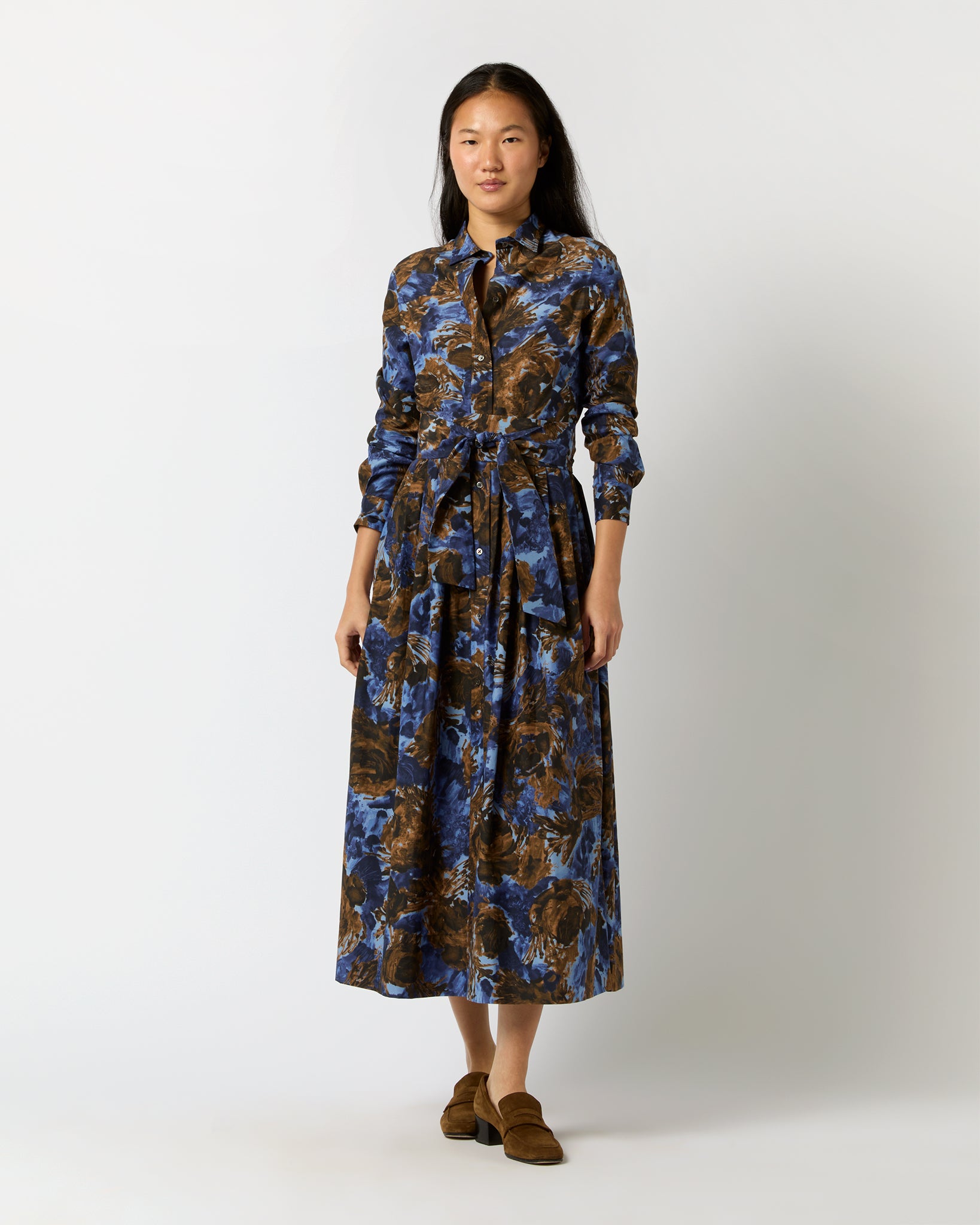 Classic Shirtwaist Maxi Dress in Blue/Multi Abstract Floral Habotai