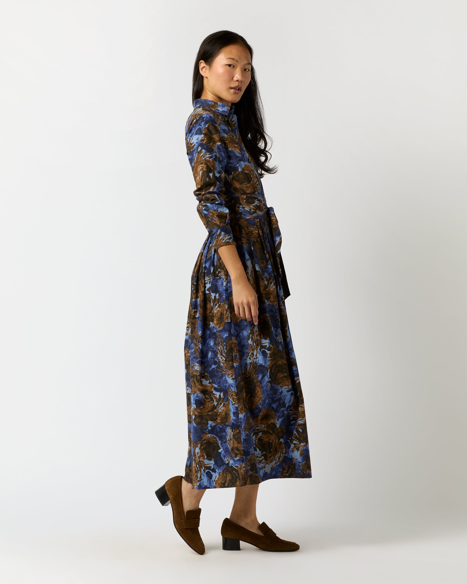 Classic Shirtwaist Maxi Dress in Blue/Multi Abstract Floral Habotai