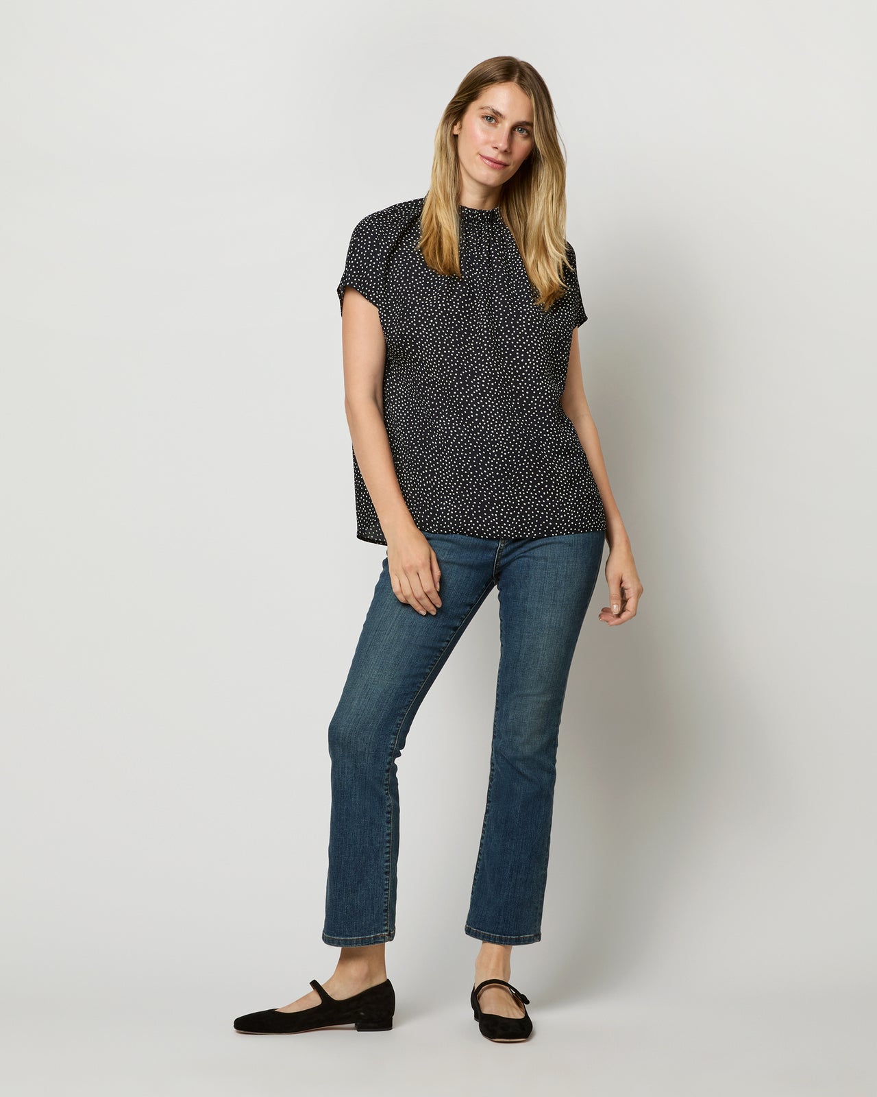 Dora Top in Ink/White Polka Dot Double Georgette Silk | Shop Ann