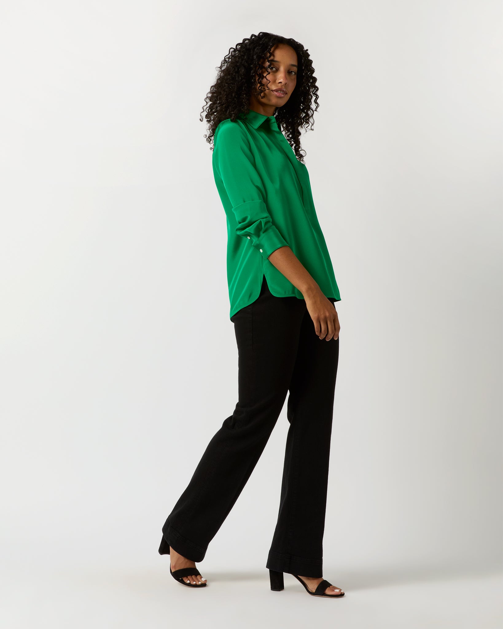 Natalia Blouse in Kelly Green Silk Crepe de Chine