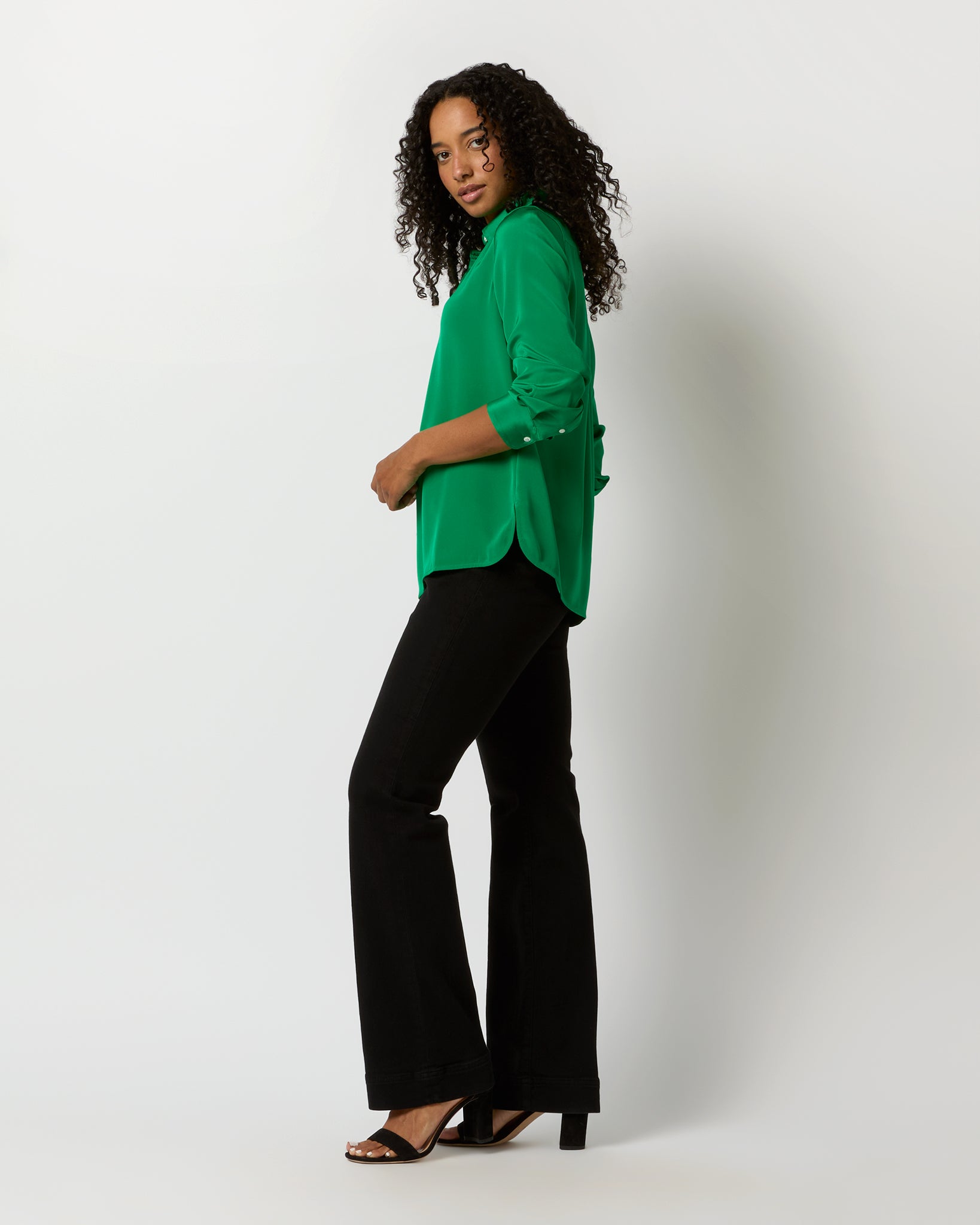 Natalia Blouse in Kelly Green Silk Crepe de Chine