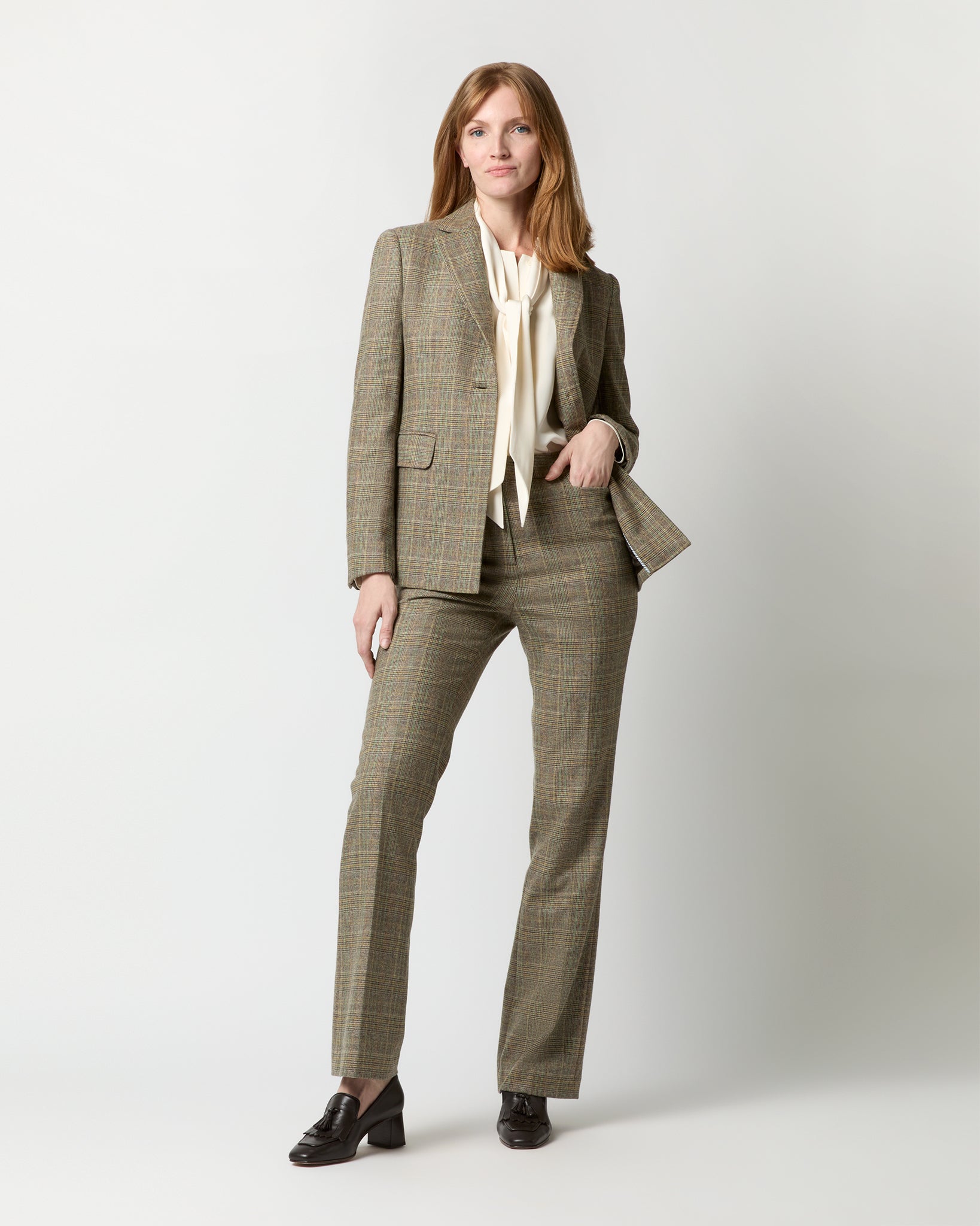 Norah Flare Pant in Brown/Green Plaid Wool Blend