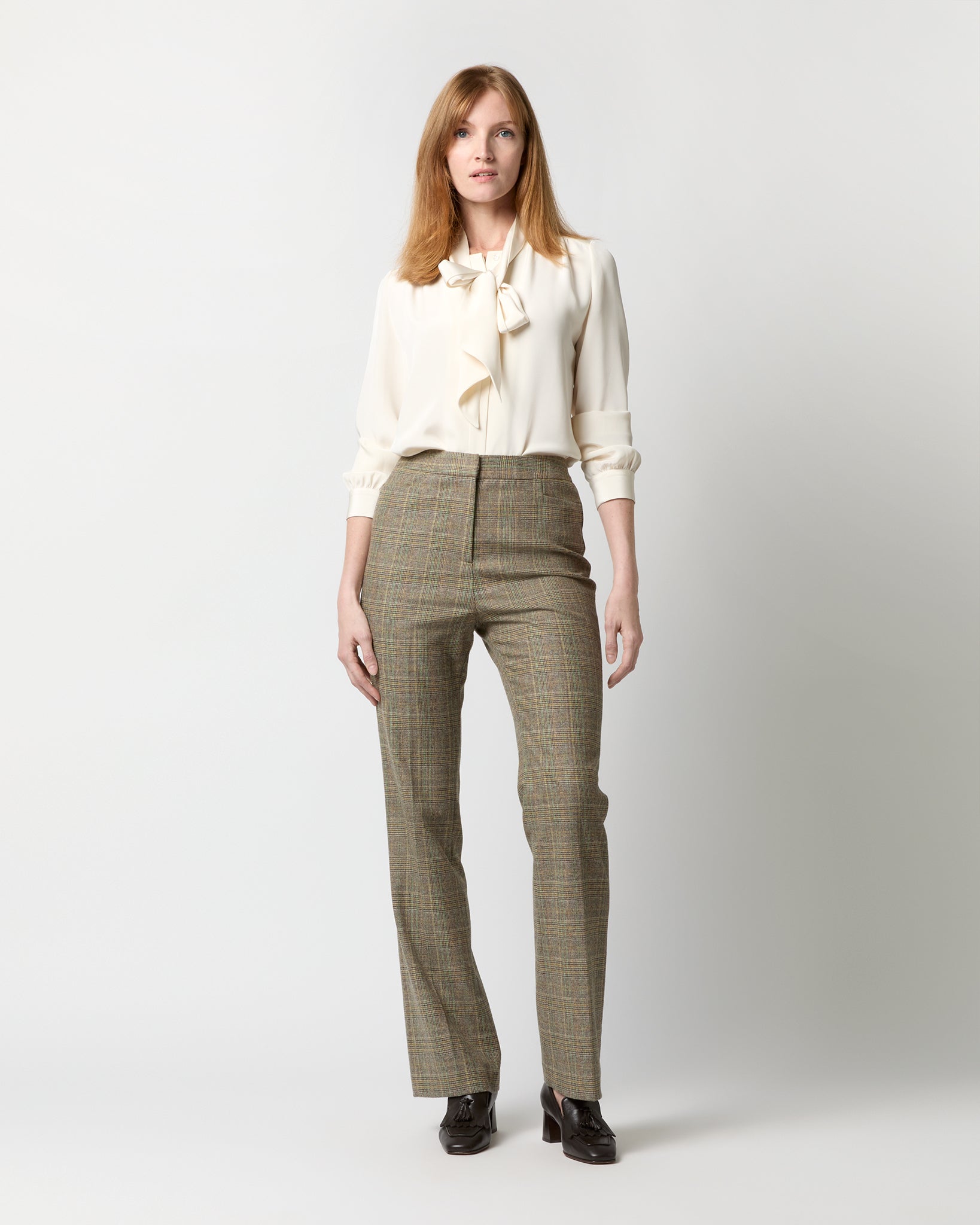 Norah Flare Pant in Brown/Green Plaid Wool Blend