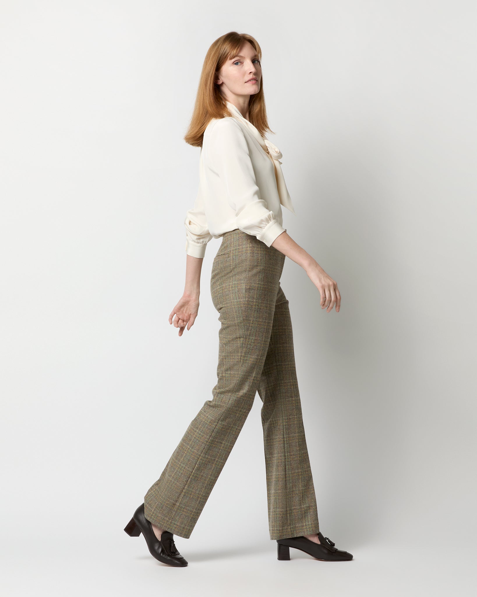 Norah Flare Pant in Brown/Green Plaid Wool Blend