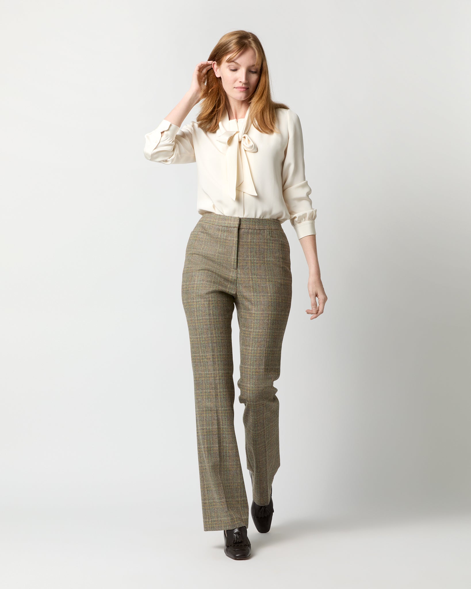 Norah Flare Pant in Brown/Green Plaid Wool Blend