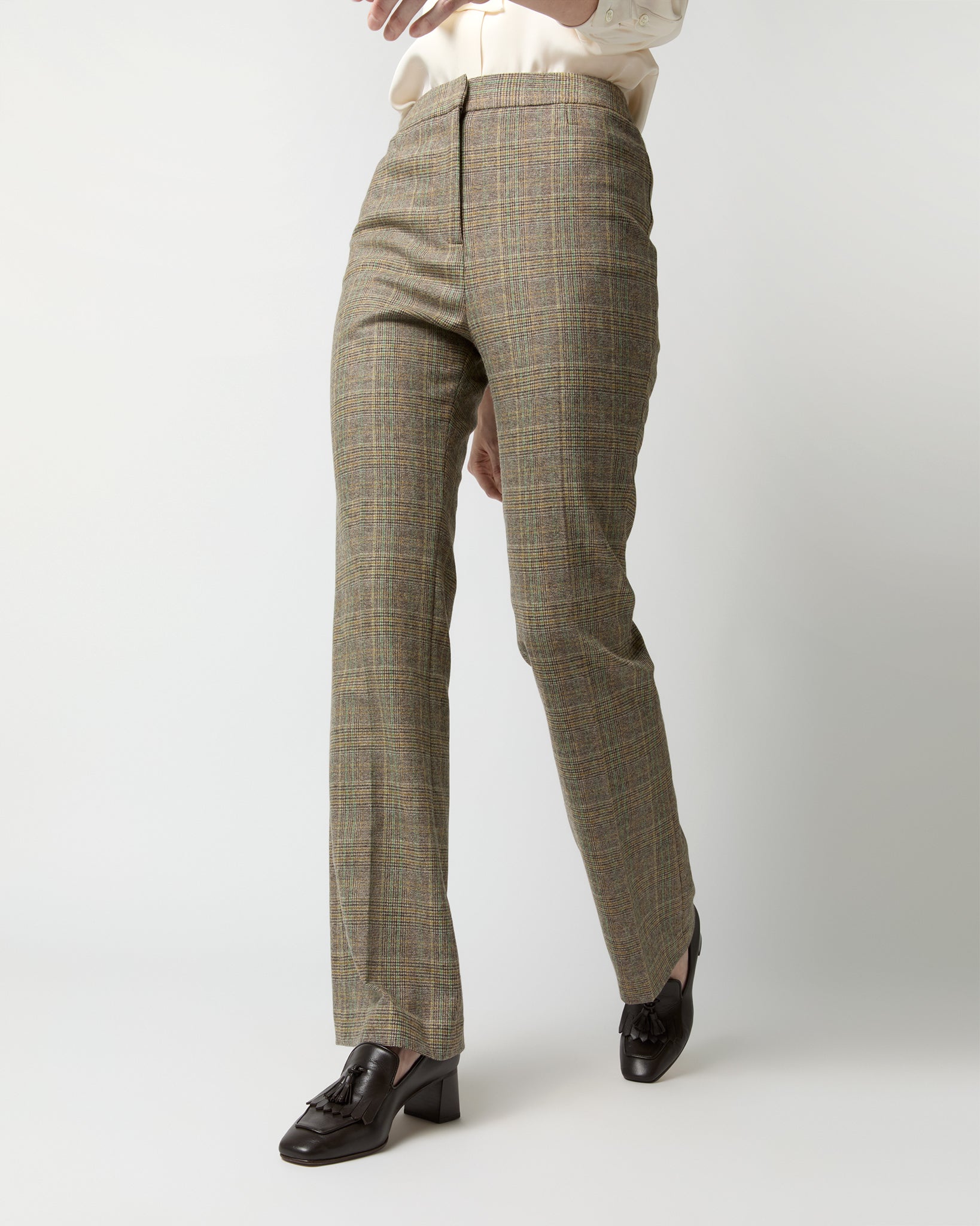 Norah Flare Pant in Brown/Green Plaid Wool Blend