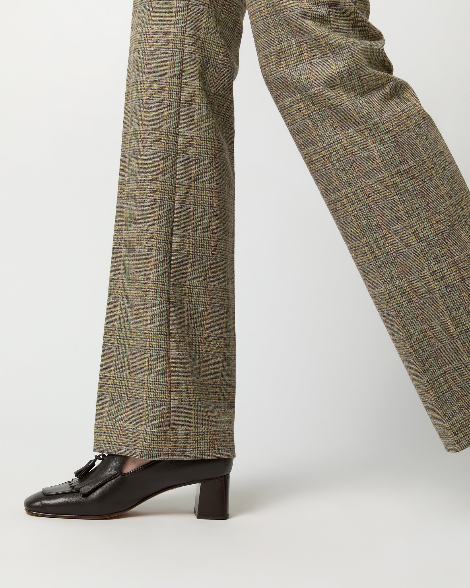 Norah Flare Pant in Brown/Green Plaid Wool Blend