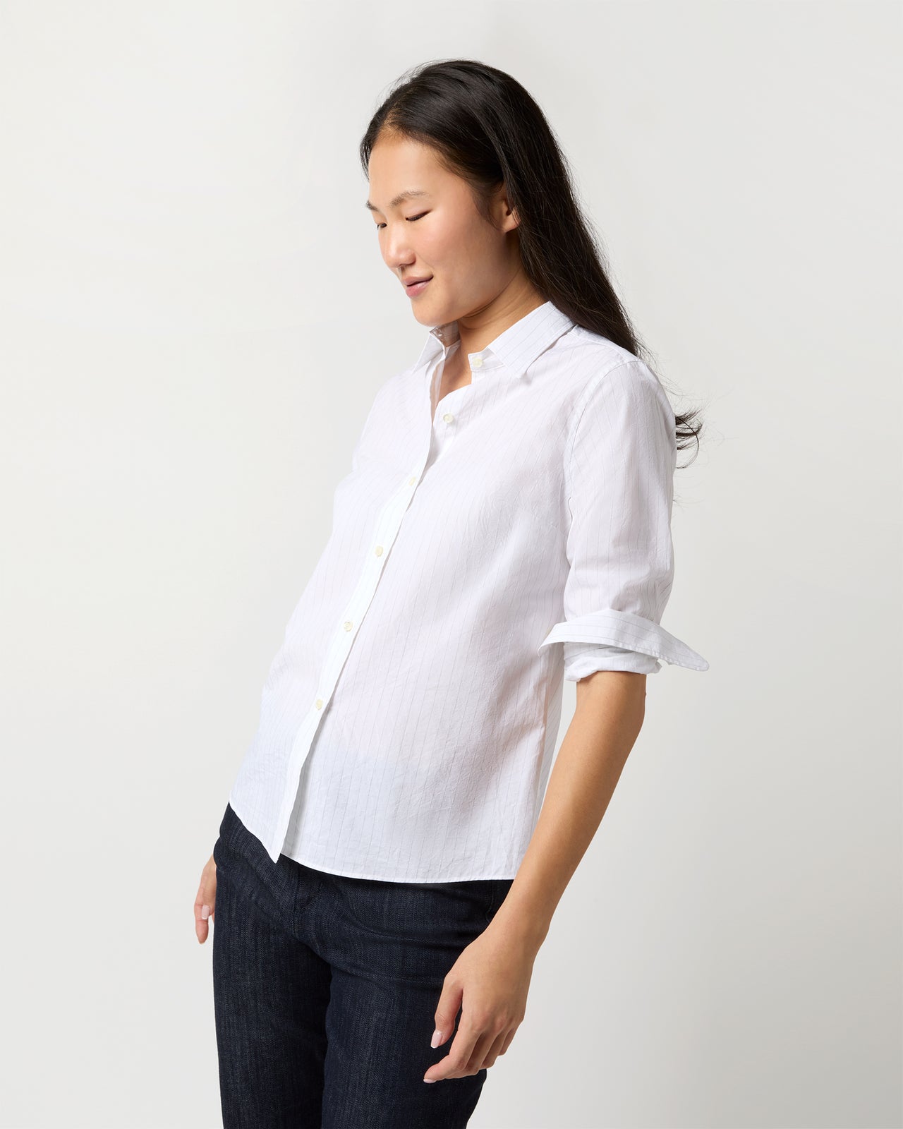 Sibyl Shirt in White/Grey Pinstripe Washed Poplin