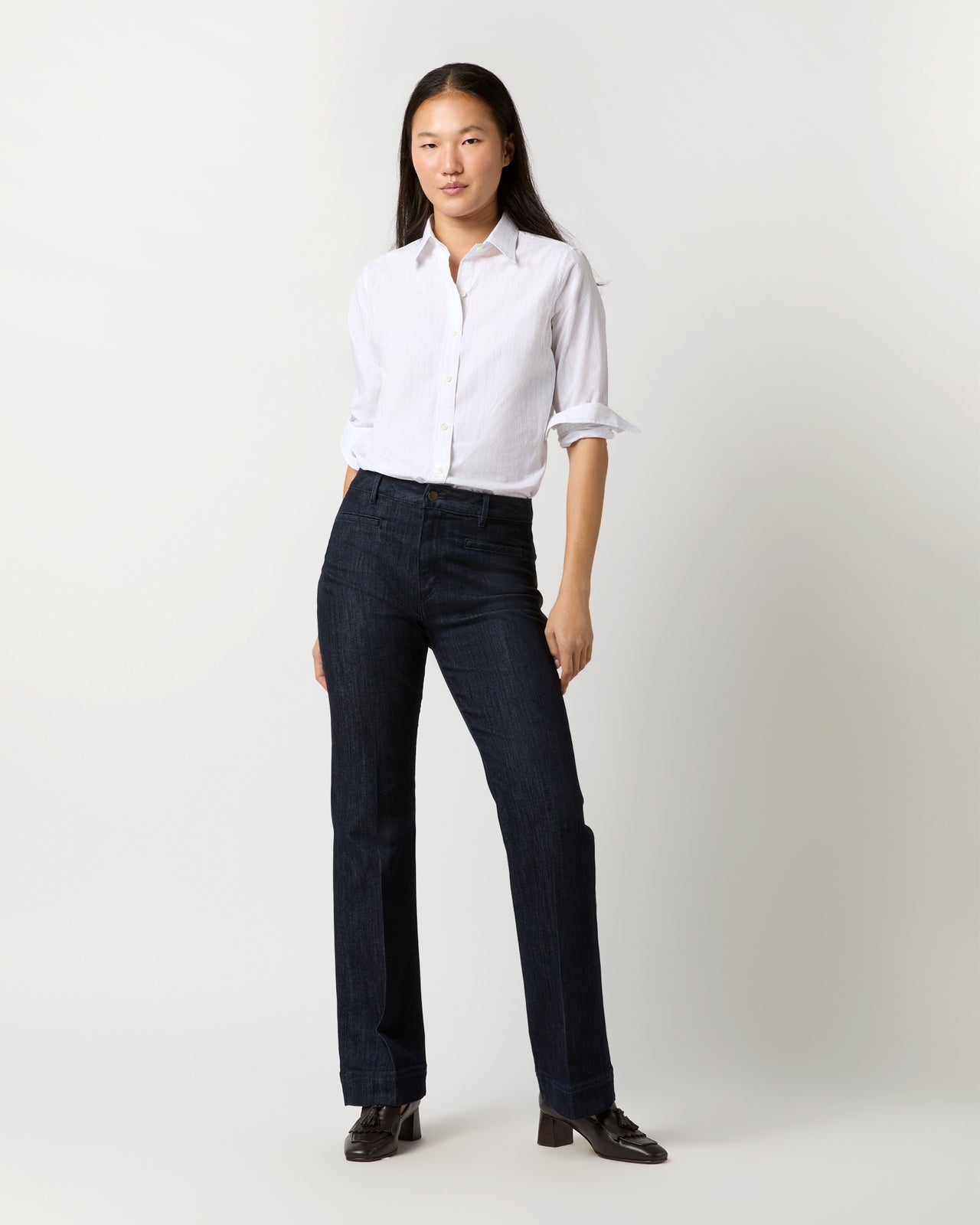 Sibyl Shirt in White/Grey Pinstripe Washed Poplin