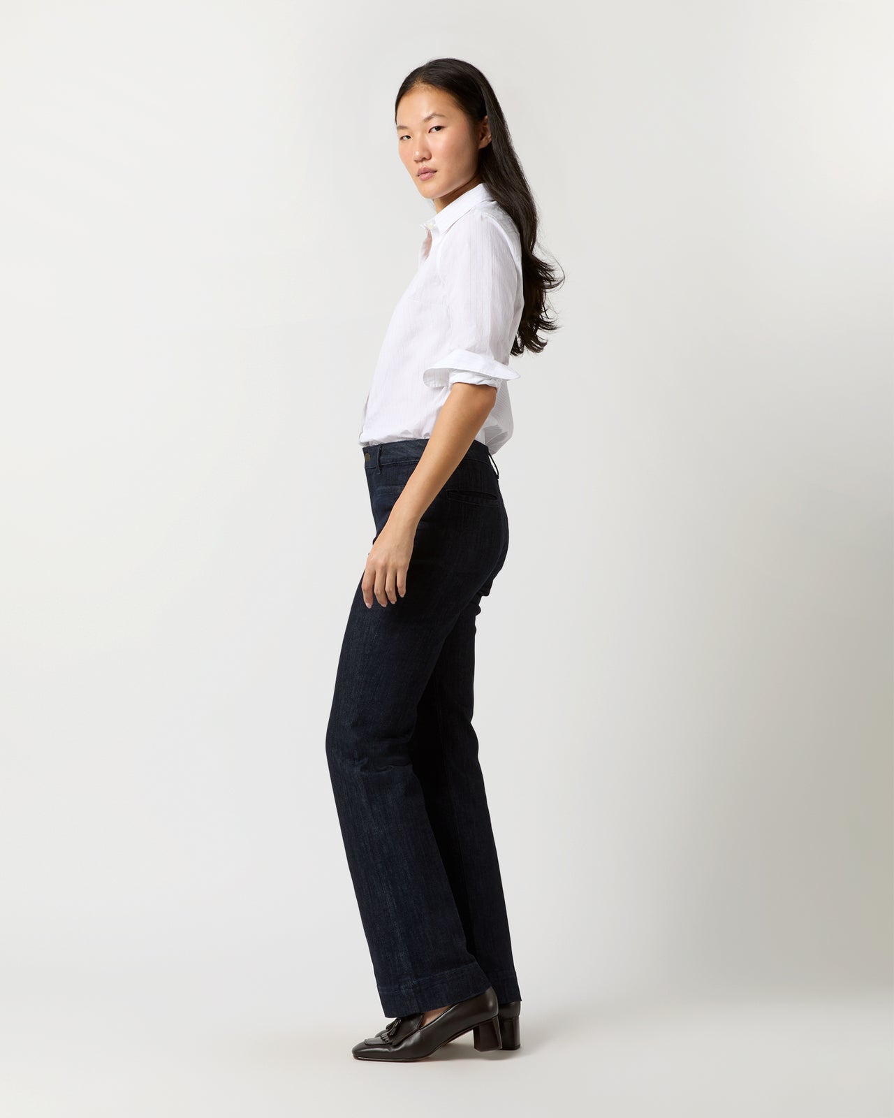 Sibyl Shirt in White/Grey Pinstripe Washed Poplin