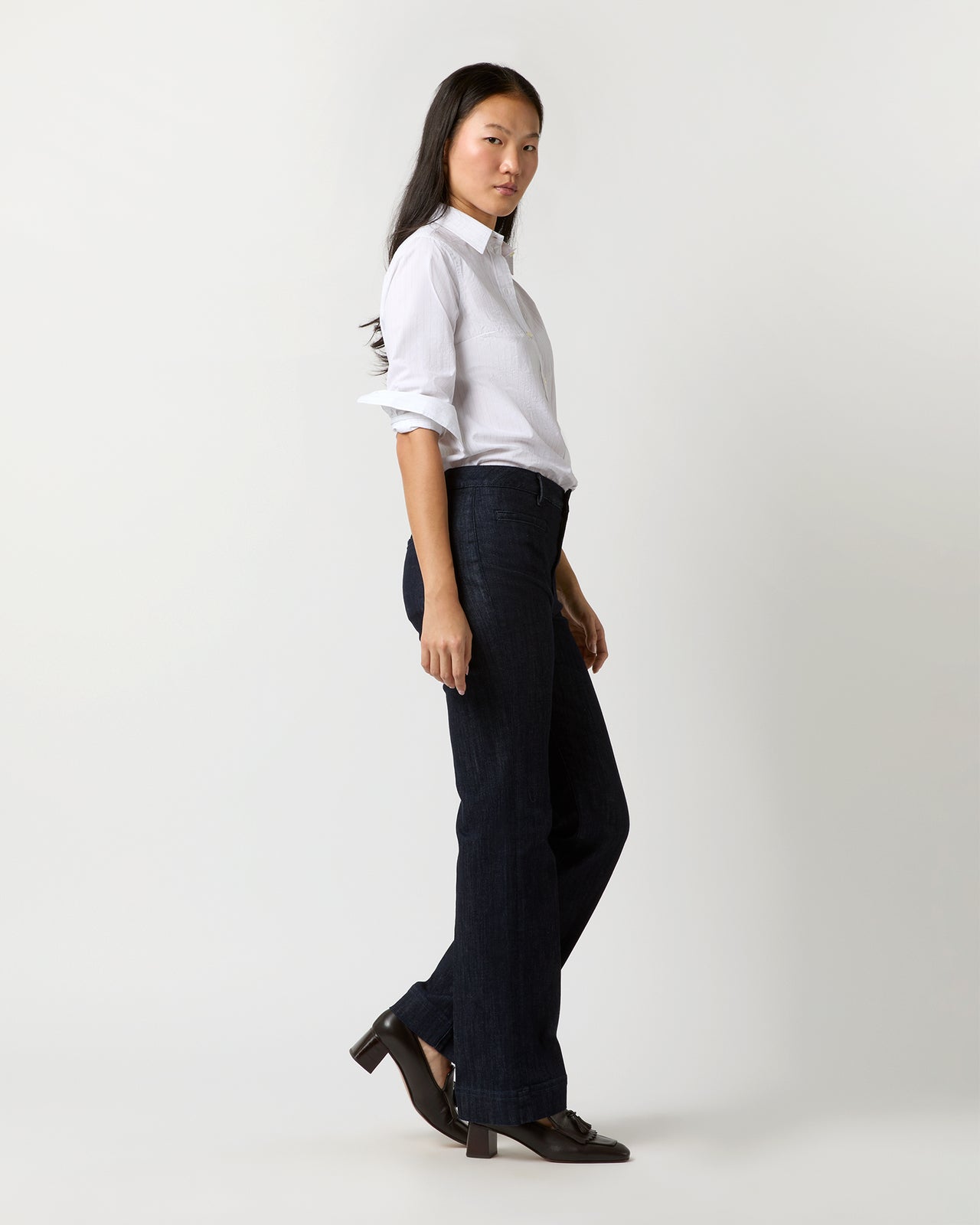 Sibyl Shirt in White/Grey Pinstripe Washed Poplin