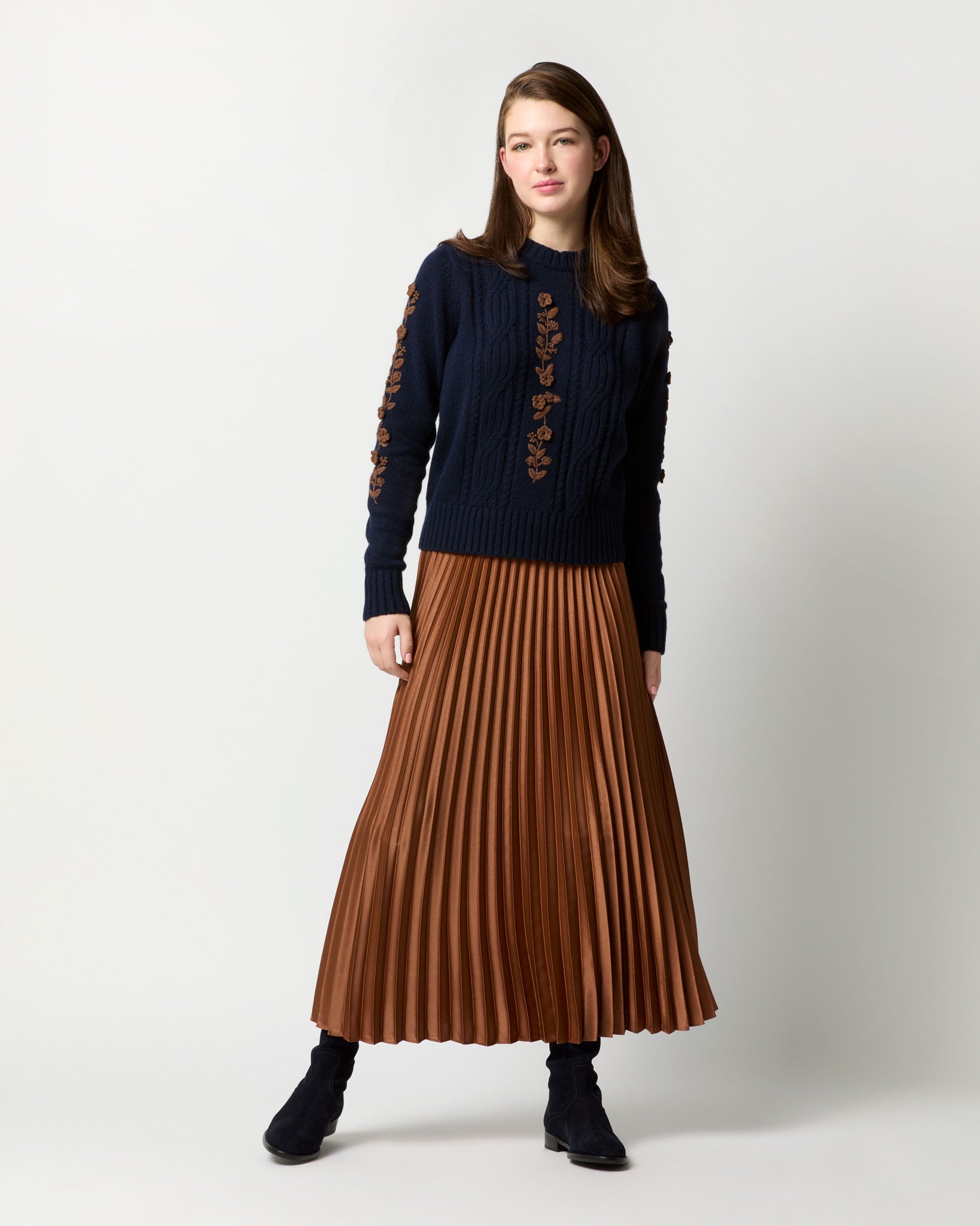 Ellen Sweater in Navy Blue/Timber Extra Fine Merino Wool