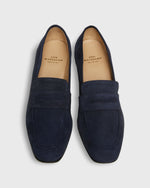 Load image into Gallery viewer, Block Heel Penny Loafer in Navy Suede
