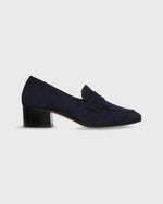 Load image into Gallery viewer, Block Heel Penny Loafer in Navy Suede
