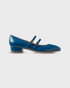 Double-Strap Mary Jane Heel in Blue Patent Leather