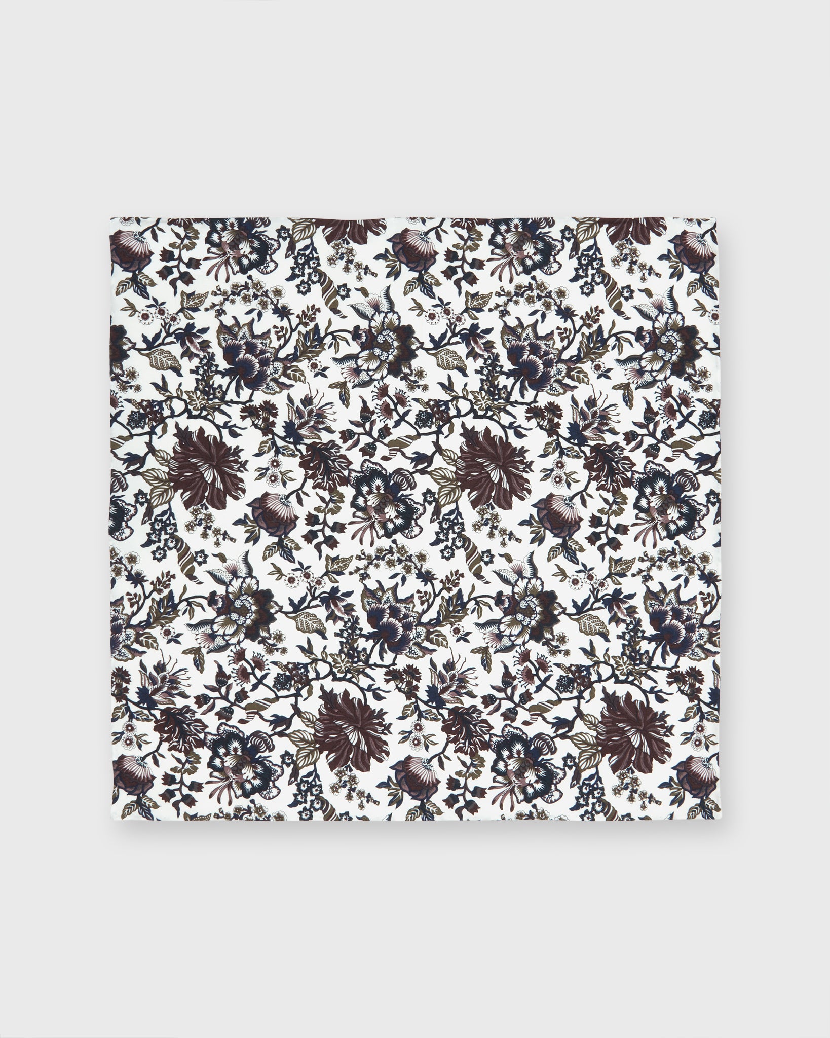 Cotton Print Pocket Square in White/Olive/Burgundy Floral