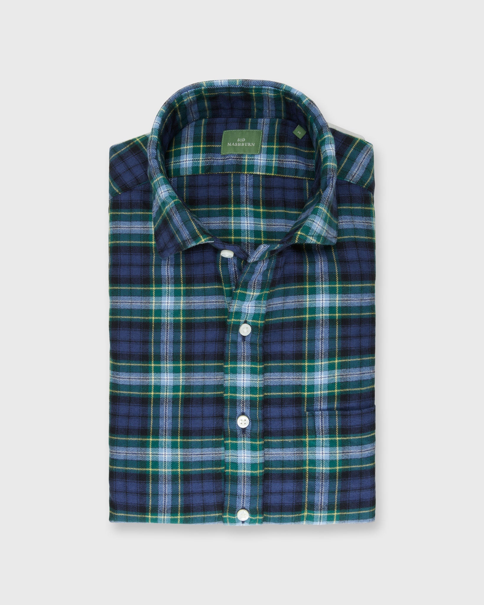 Spread Collar Sport Shirt in Navy/Blue/Yellow Tartan Flannel