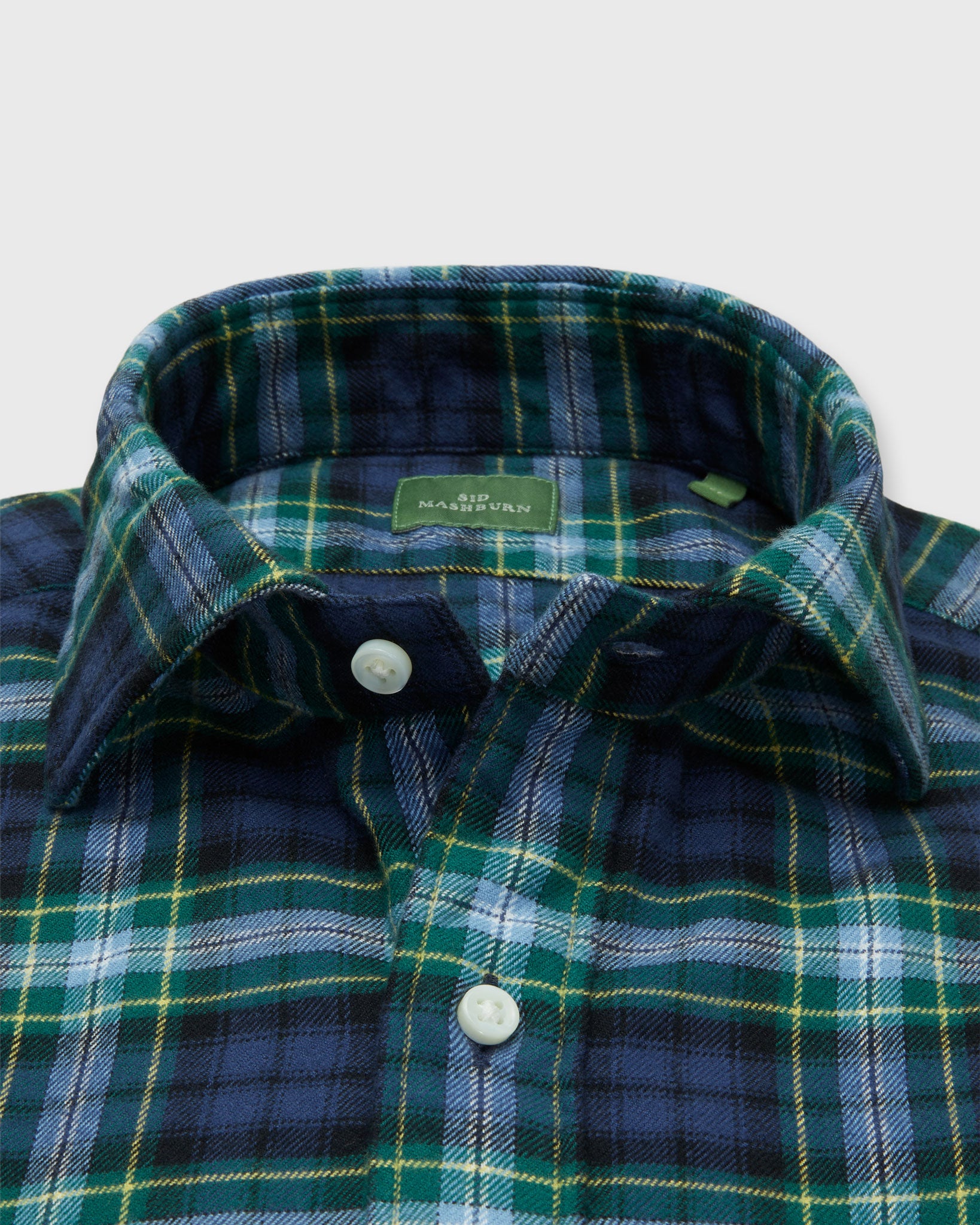 Spread Collar Sport Shirt in Navy/Blue/Yellow Tartan Flannel