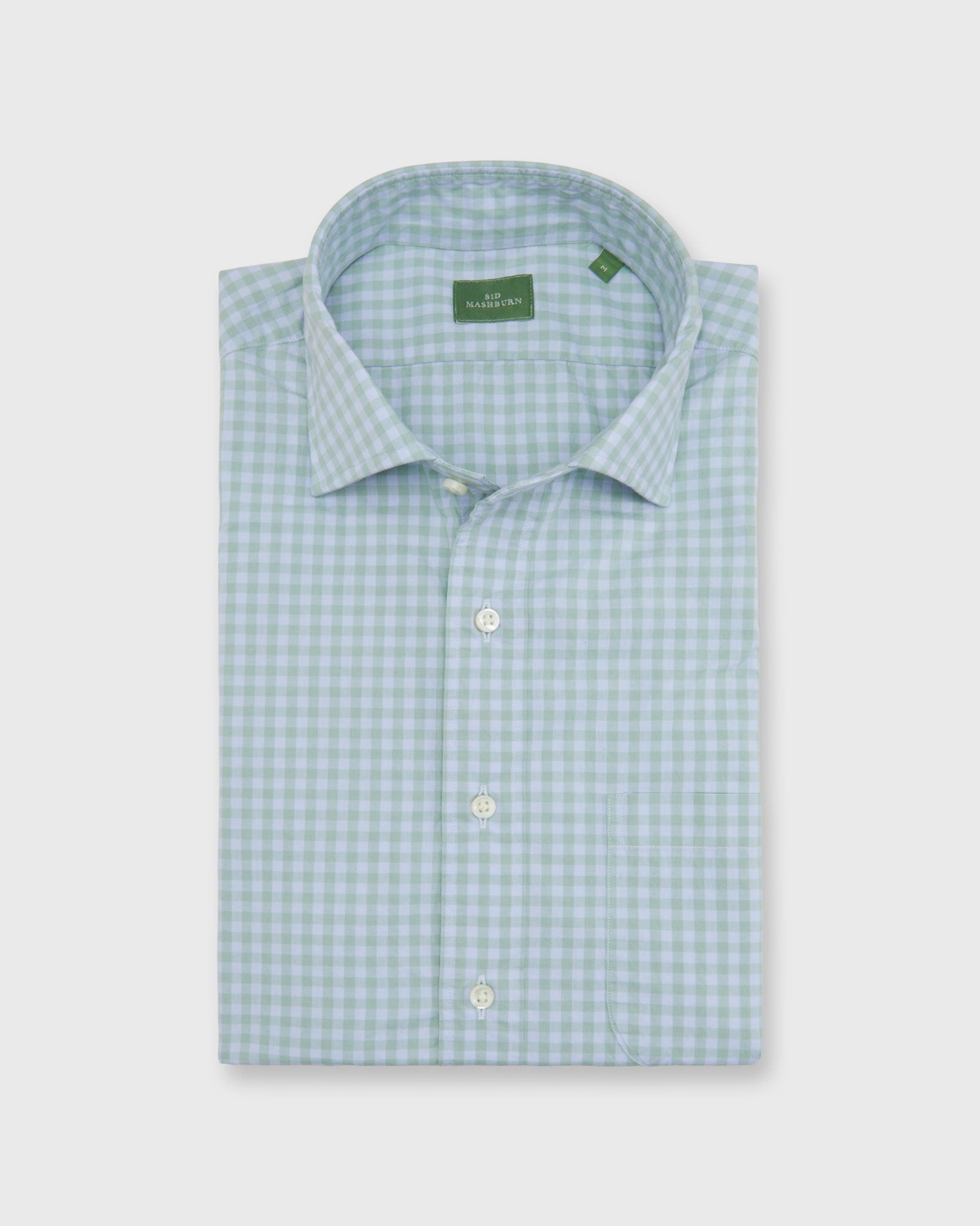 Spread Collar Sport Shirt in Sky/Sage Gingham Poplin