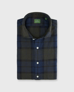 Spread Collar Sport Shirt in Olive/Blue/Navy Plaid Brushed Twill