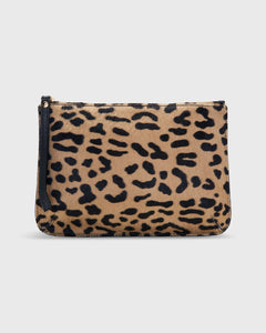 Zip Clutch in Tan/Black Leopard Calf Hair